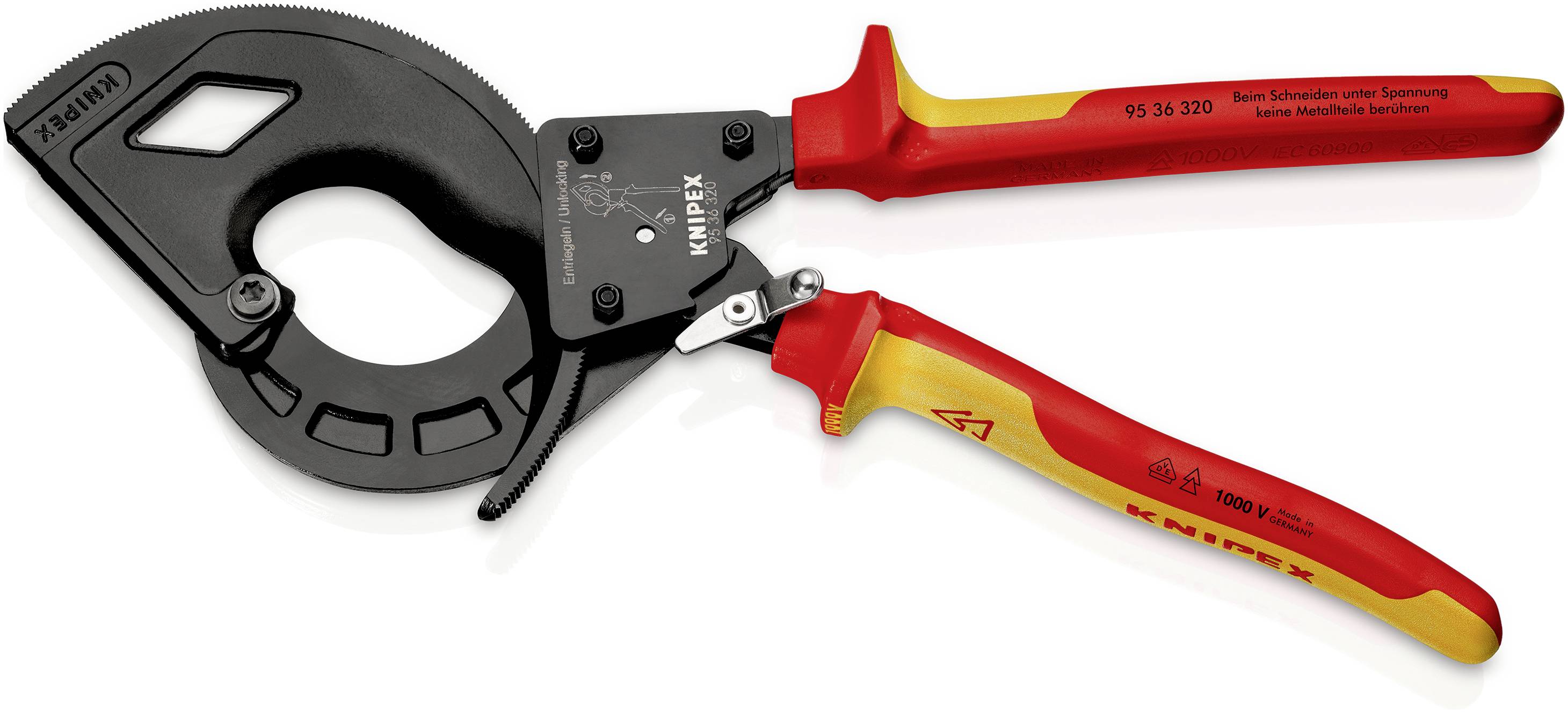 Schwarze Kabelschneidzange mit rotem Griff und gelber Isolierung, von Knipex, geeignet für Arbeiten an stromführenden Leitungen.
