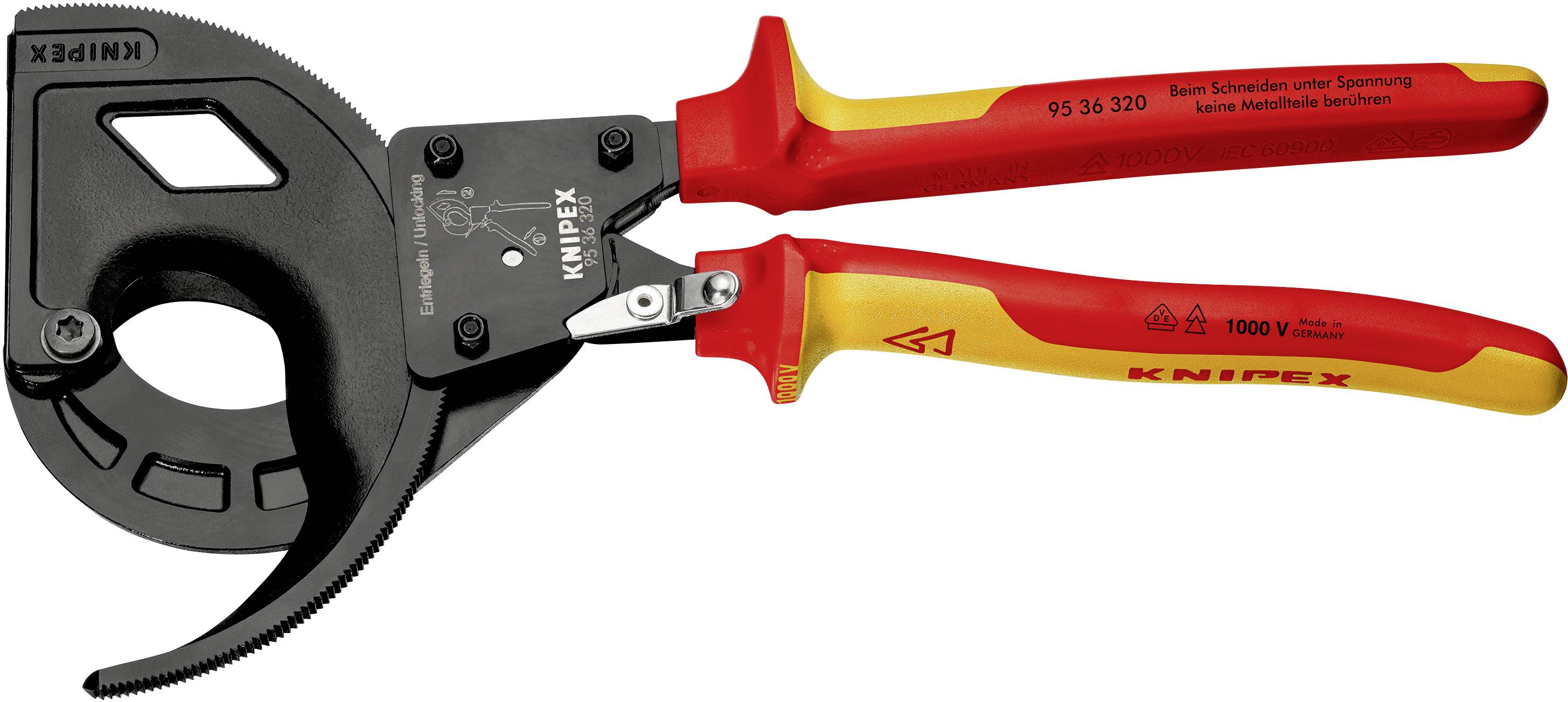 Eine rote Knipex-Kabelschere mit isolierten Griffen, geeignet zum Schneiden von Kupfer- und Aluminiumkabeln.