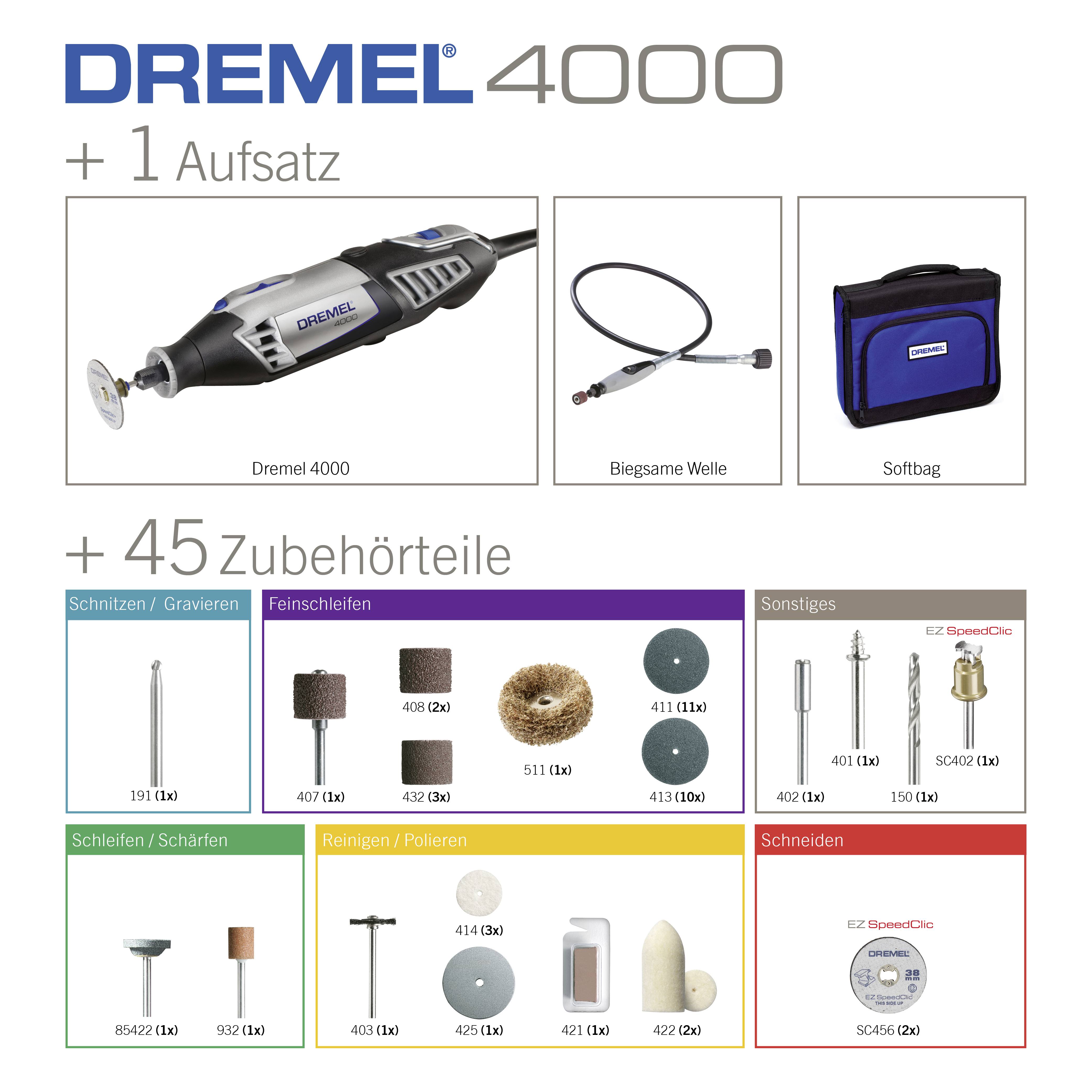 Dremel 4000-1/45 F0134000JA Multifunktionswerkzeug mit Zubehör, inkl. Tasche 47teilig 175W
