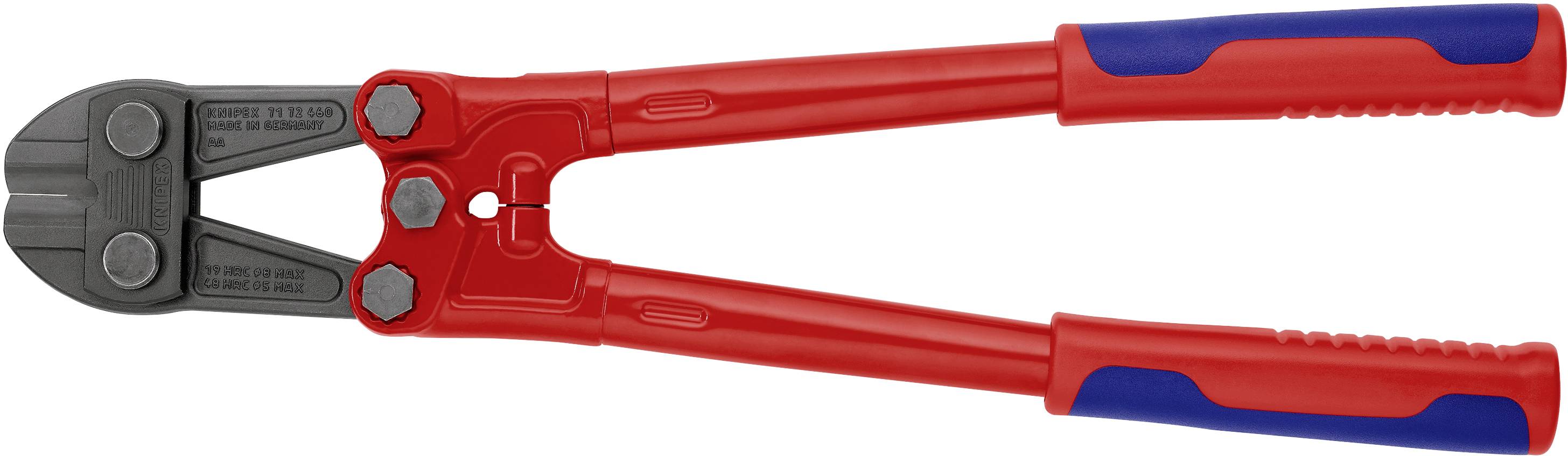 Ein roter Bolzenschneider mit blauem Griff, geeignet zum Durchtrennen von Metallstäben oder dicken Drähten.