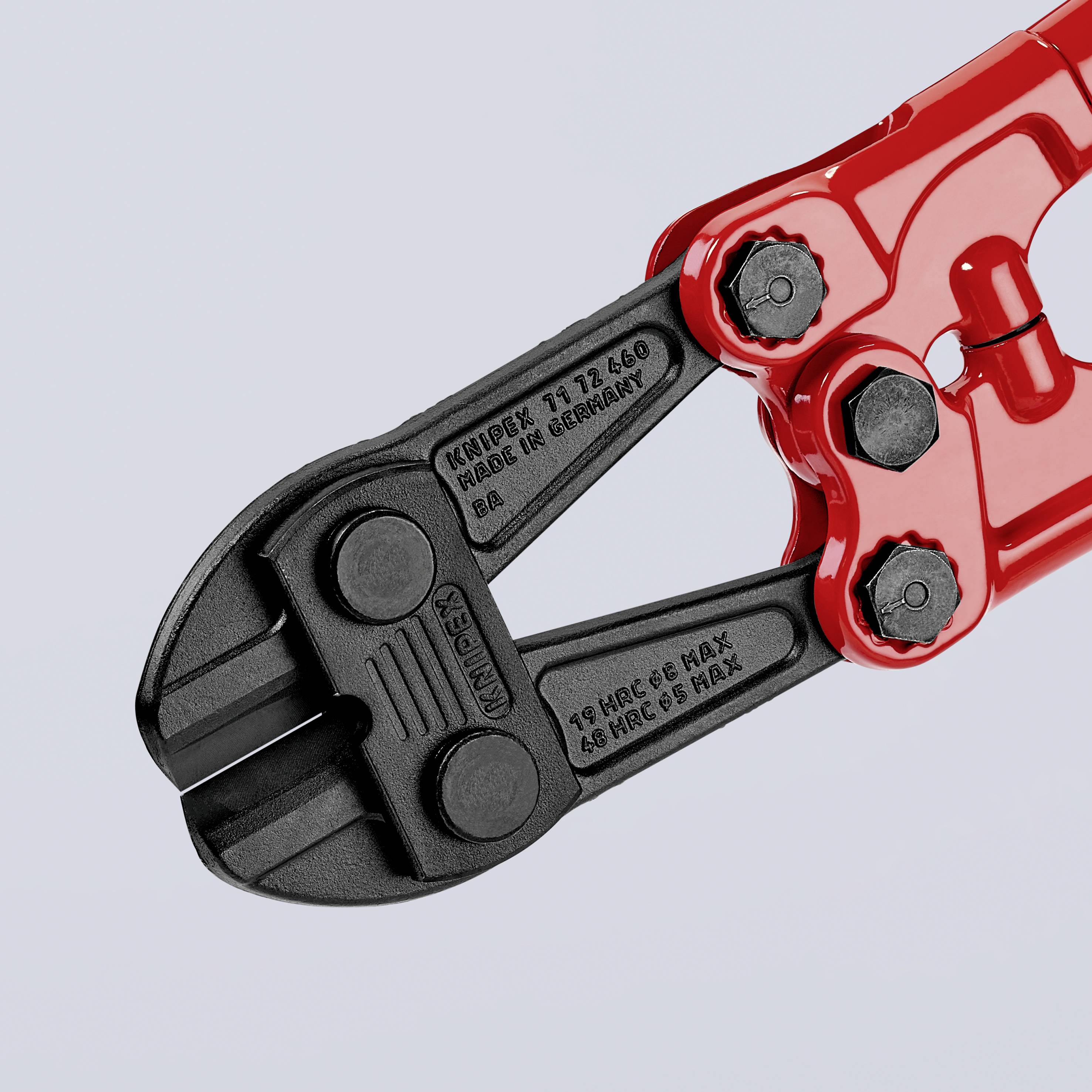 Ein roter Bolzenschneider mit schwarzem Kopf und zwei Griffen. Herstelleraufdruck besagt 'Knipex made in Germany'.