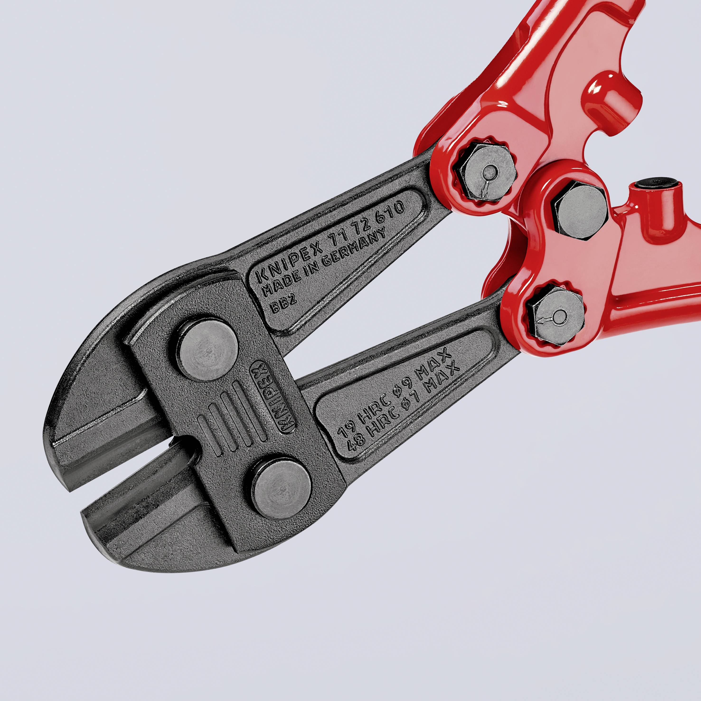 Ein roter Bolzenschneider mit schwarzem Schneidkopf. Auf dem Werkzeug steht: 'Knipex 71 12 610 Made in Germany'.