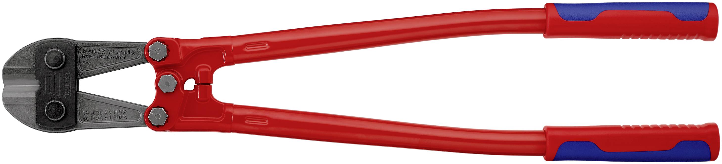 Bolzenschneider mit roten Griffen und schwarzen Klingen, geeignet zum Durchtrennen von starken Drähten und Metallstangen.