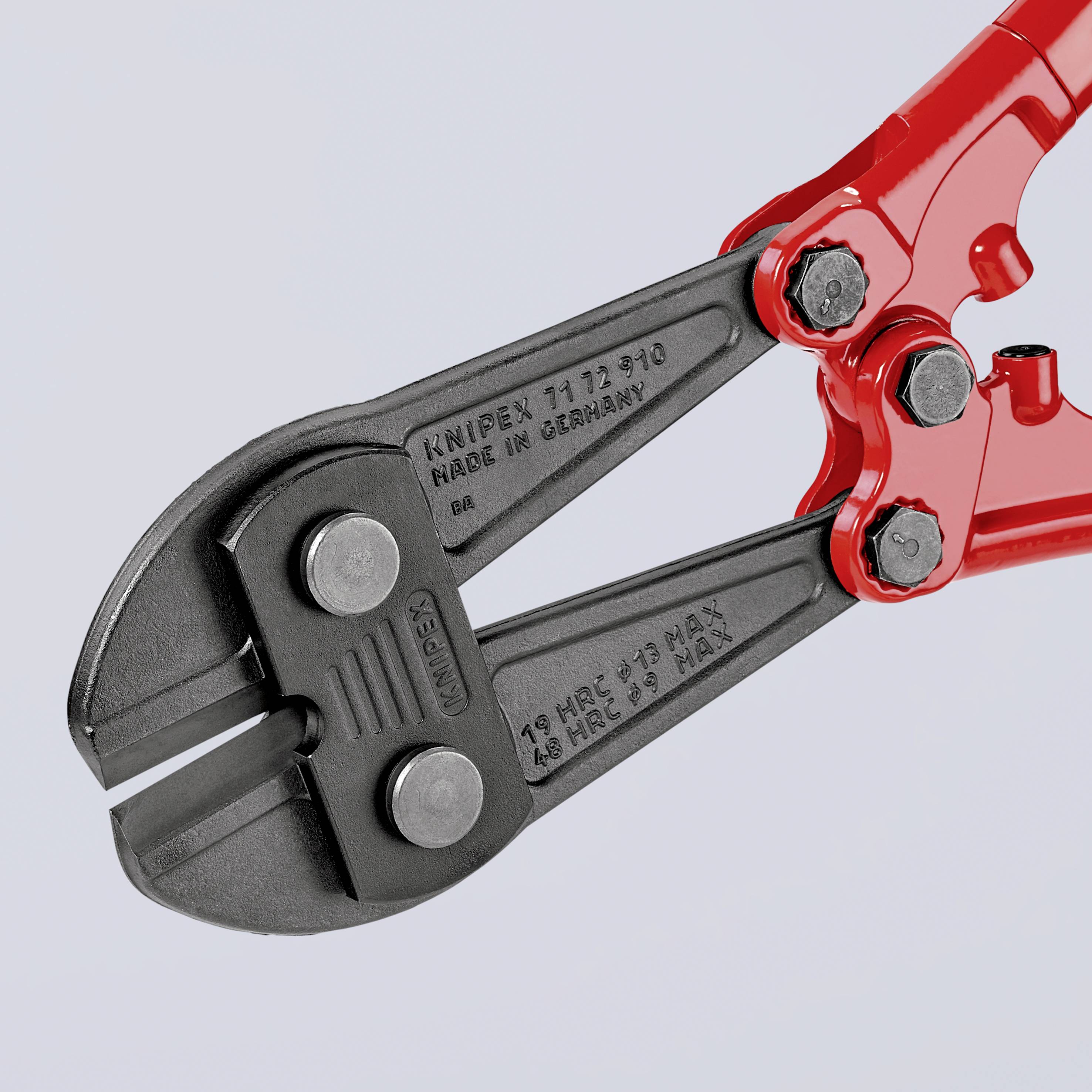 Großer rote Bolzenschneider mit schwarzem Schneidekopf, gezeigte Aufschrift 'Knipex', Werkzeug zum Durchtrennen von Metall.