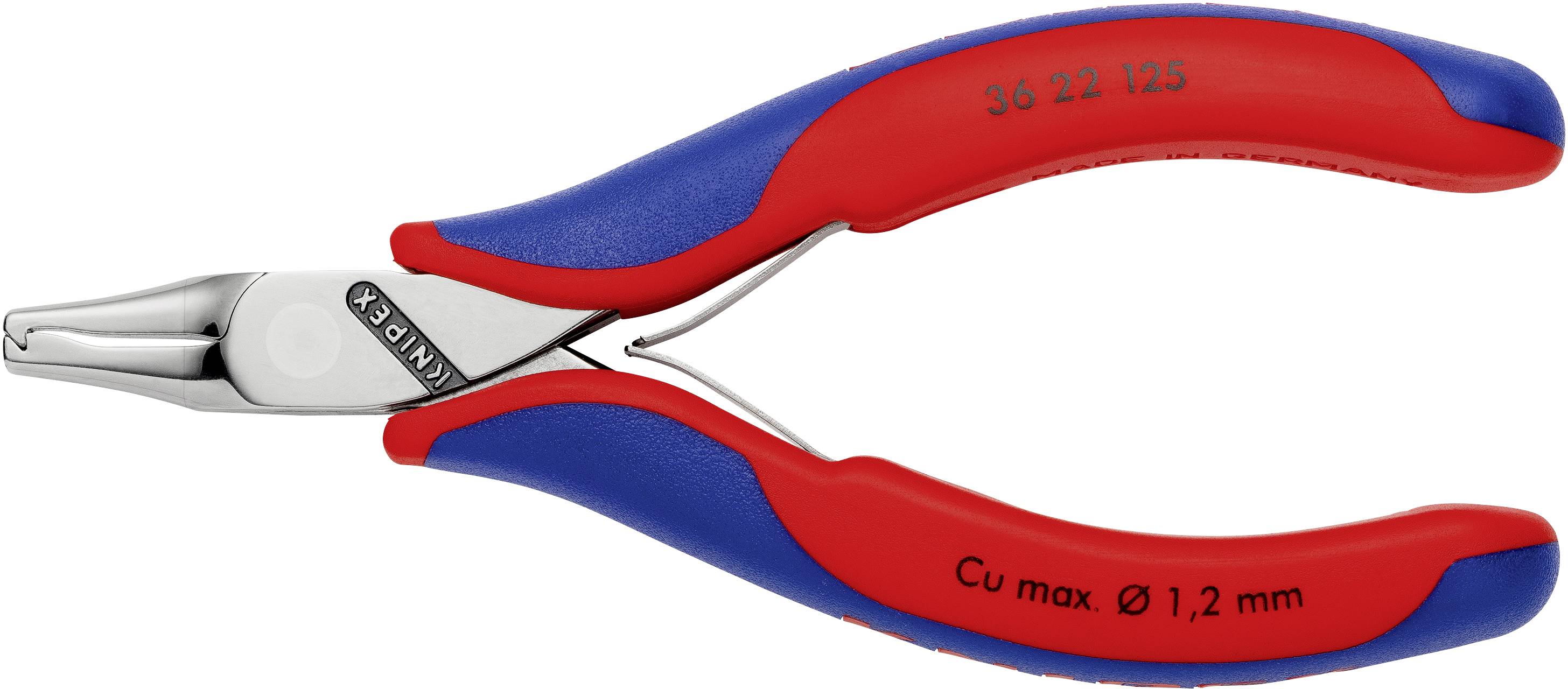 Zange mit rot-blauem Griff, geeignet für Kabel bis 1,2 mm Durchmesser. Markierung '36 22 125'. Werkzeug auf weißem Hintergrund.