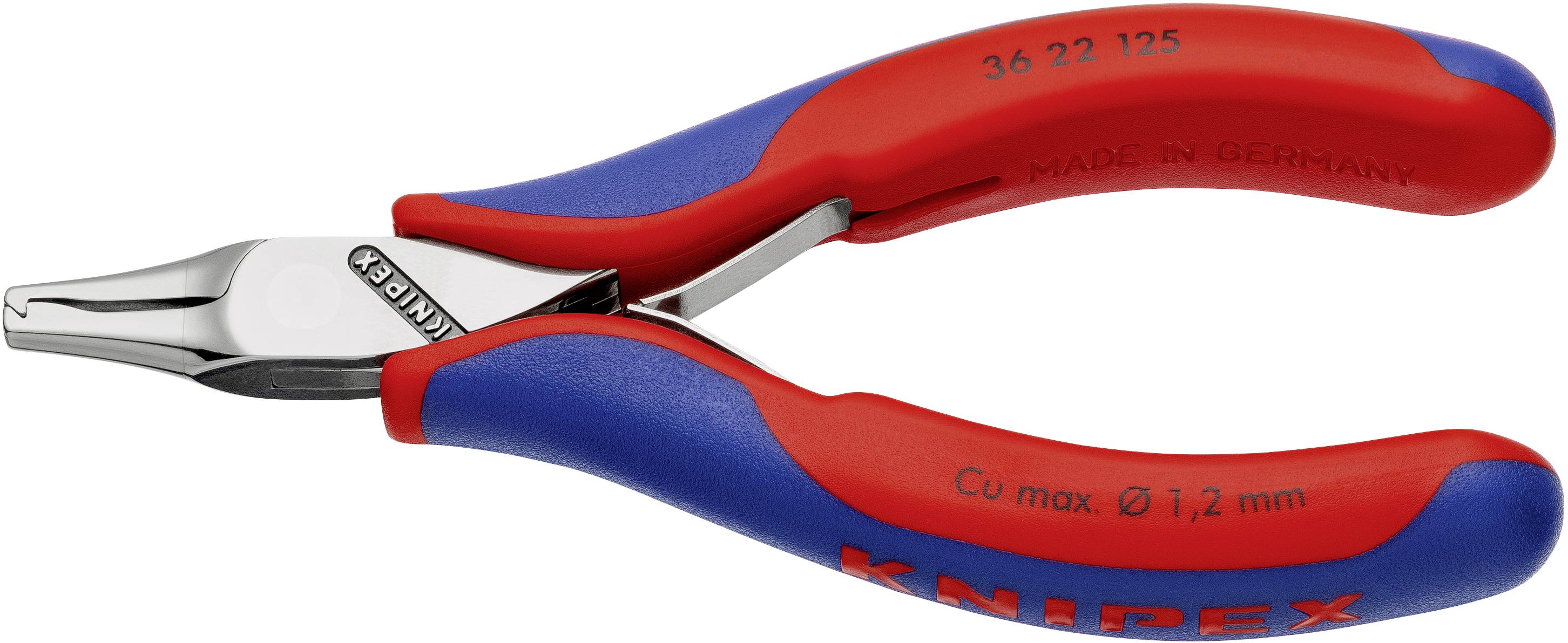 Rote und blaue Zange der Marke Knipex, für feine Arbeiten geeignet, zeigt die Modellnummer und Herkunft 'Made in Germany'.