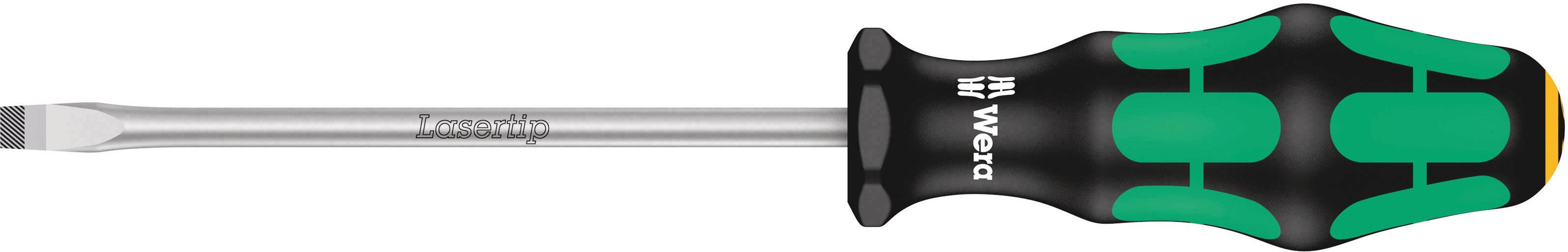 Flachkopfschraubendreher mit ergonomischem Griff in Schwarz und Grün, Marke 'Wera', mit der Aufschrift 'Lasertip' auf der Metallspitze.