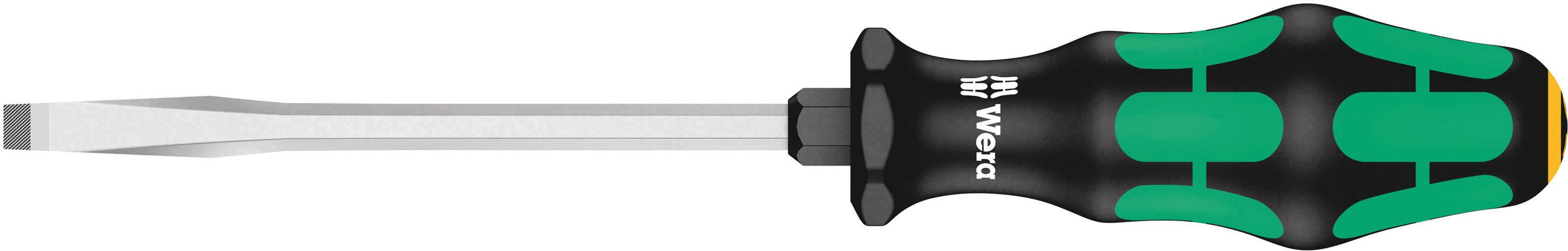 Schraubendreher mit ergonomischem Griff, grün-schwarz gestaltet, von der Marke Wera. Flacher Schlitz, geeignet für allgemeine Schraubarbeiten.