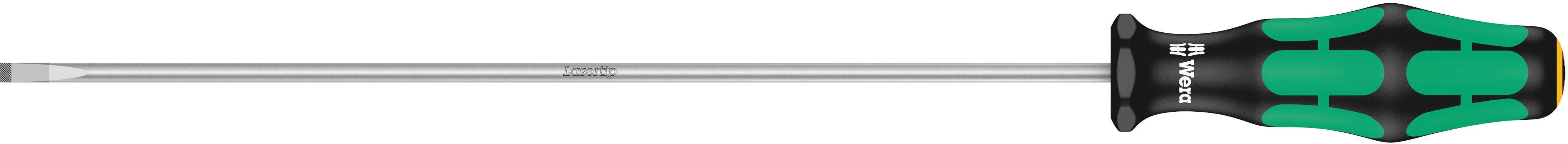 Ein Schraubendreher mit grün-schwarzem ergonomischem Griff und einer langen, flachen Metallklinge.