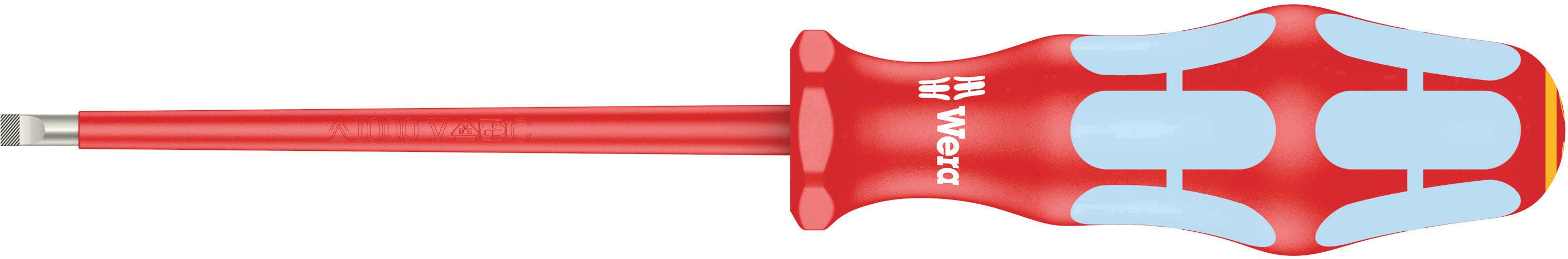 Ein roter Schraubendreher mit ergonomischem Griff und blauen Akzenten liegt horizontal. Drehmomentanzeige auf dem Griff.