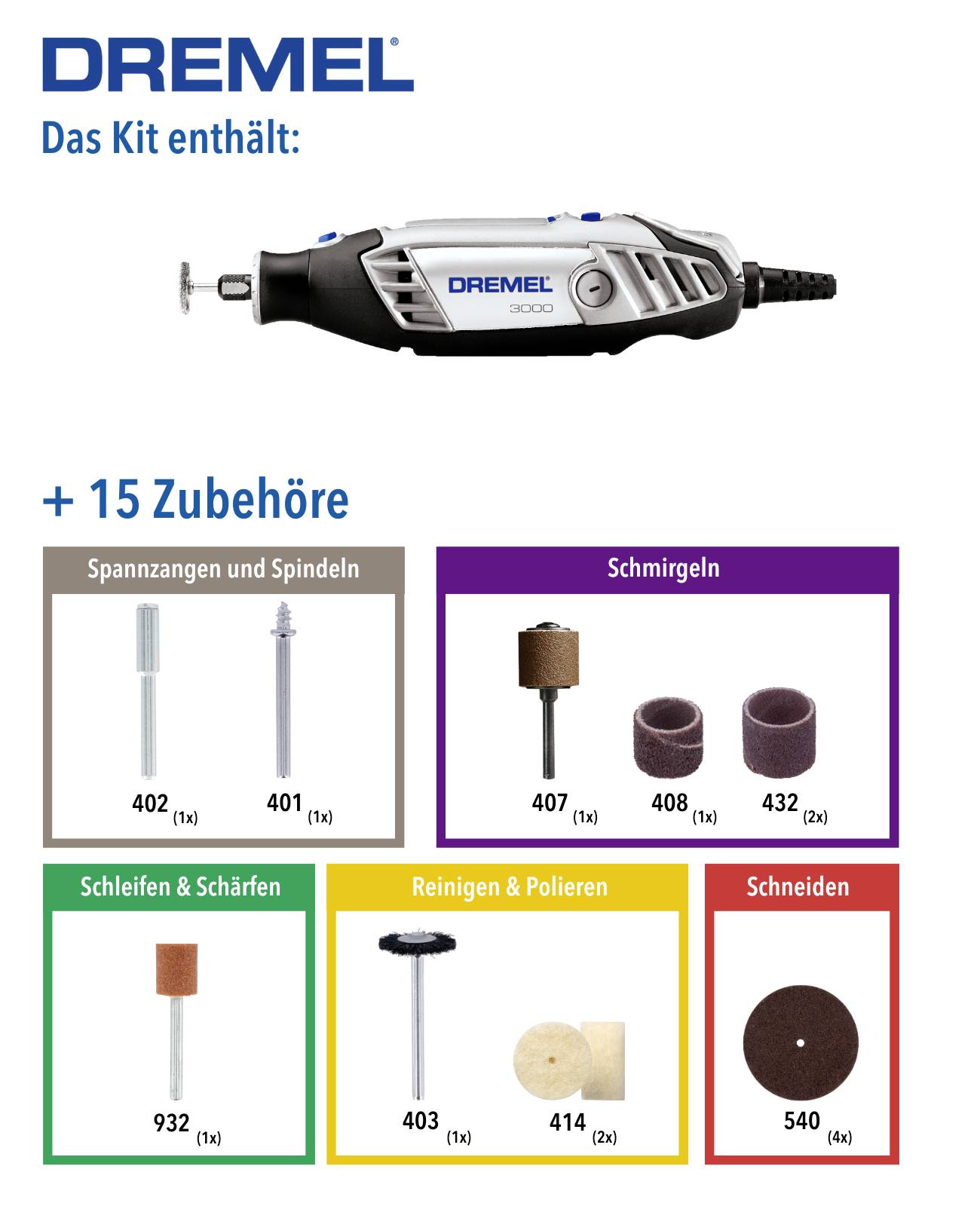 Dremel 3000 Multitool mit 15 Zubehörteilen: Spannzangen, Schleif- und Schneideaufsätze. Geeignet für Schleifen, Polieren, Schneiden.
