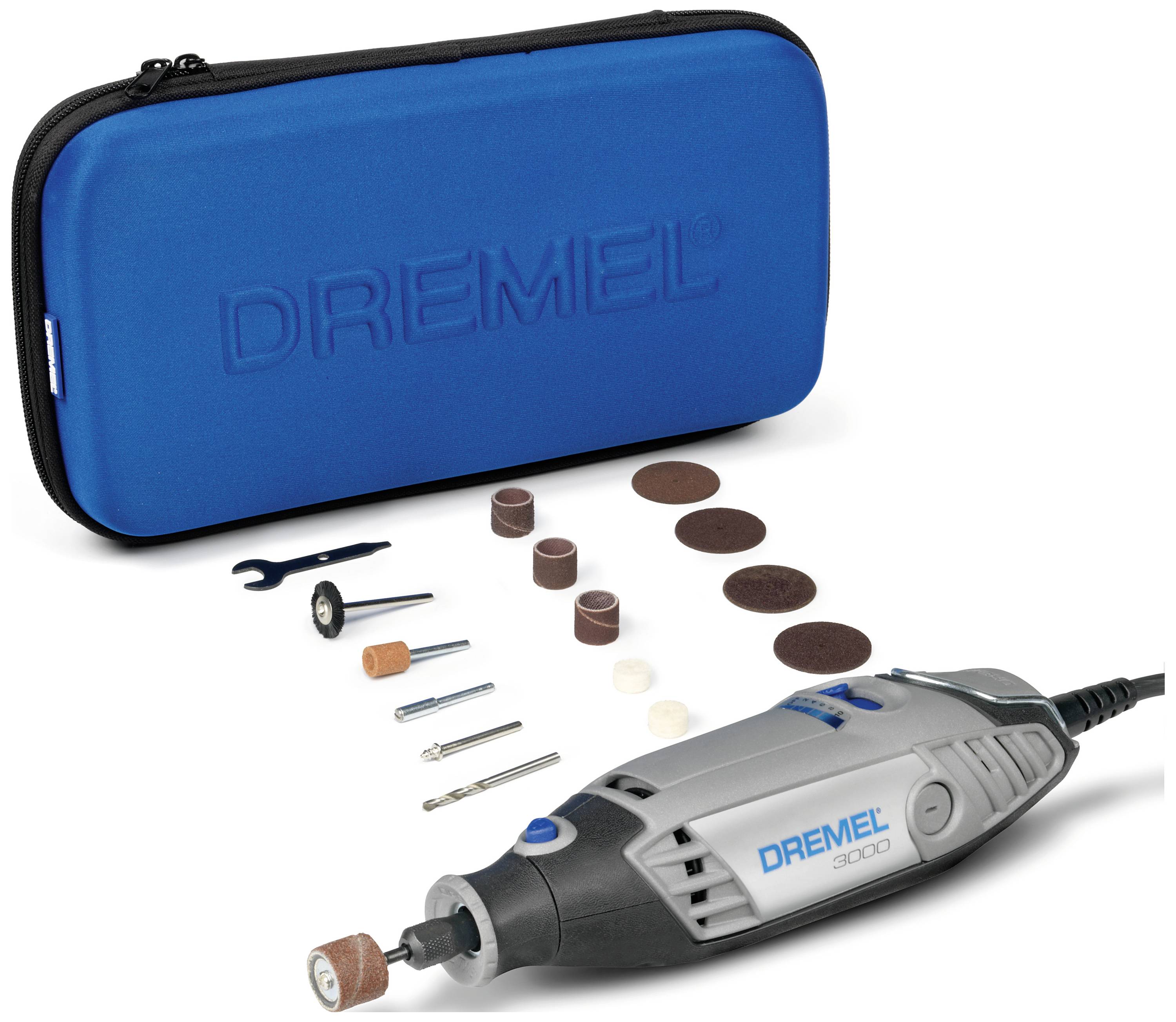 Ein Dremel-3000-Multifunktionswerkzeug mit blauer Tasche. Enthaltenes Zubehör: Schleifaufsätze, Bohrer, Spannzangen und ein Schraubenschlüssel.