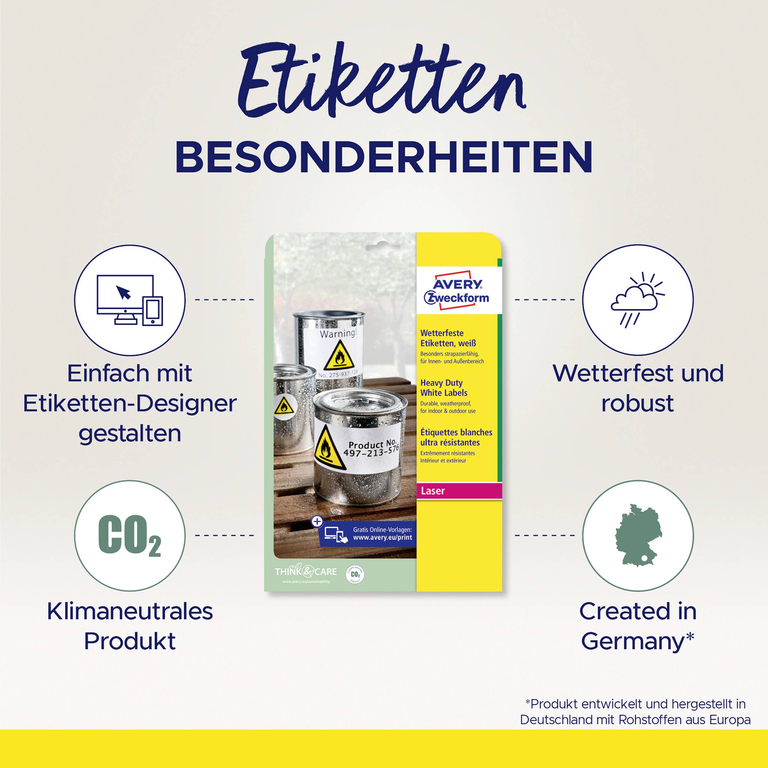 'Etiketten Besonderheiten': Produkt-Design unterstreicht wetterfeste, robuste und klimaneutrale Eigenschaften, hergestellt in Deutschland.