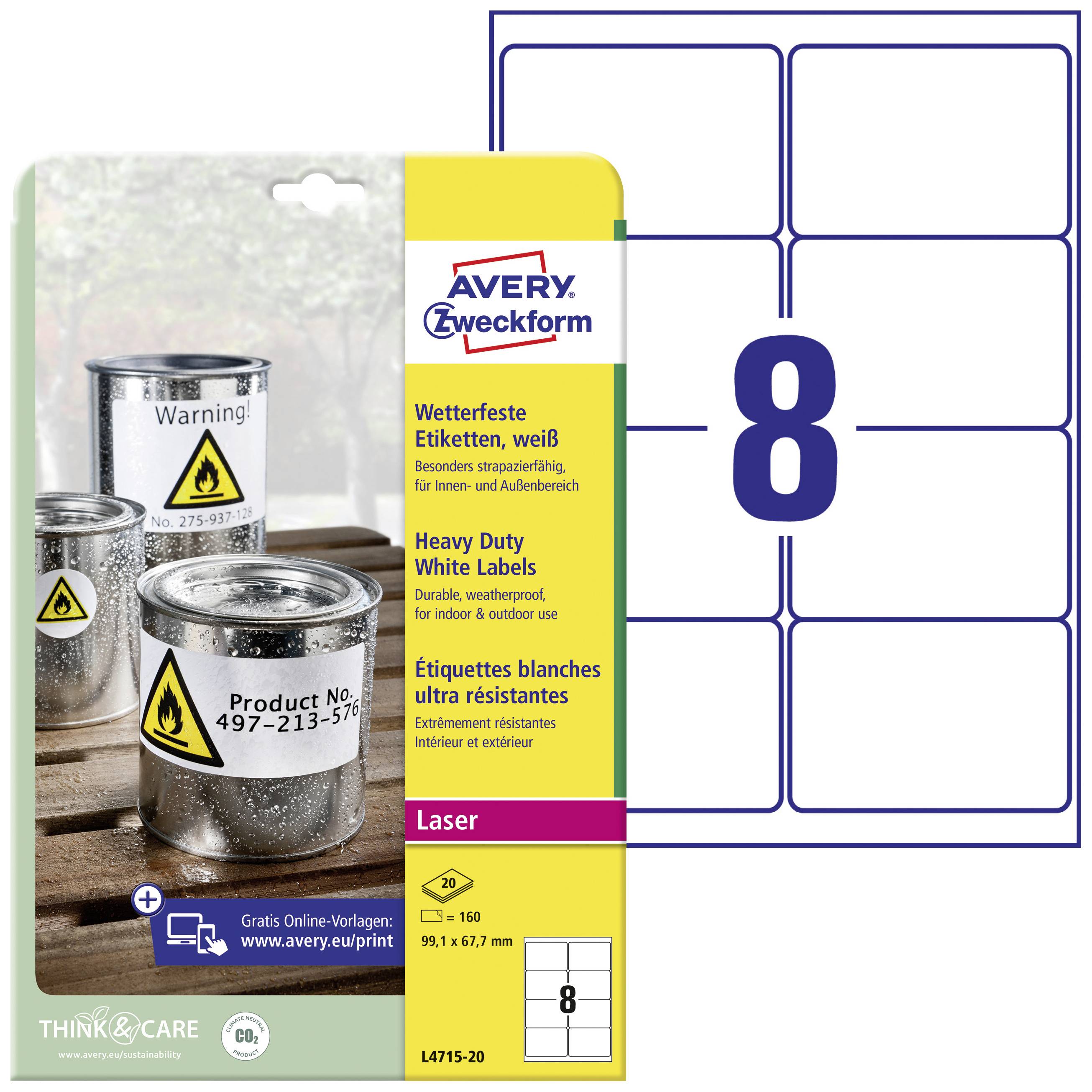 Verpackung von Avery Zweckform mit wetterfesten weißen Etiketten. Geeignet für Laser-Drucker. Acht Etiketten pro Seite.
