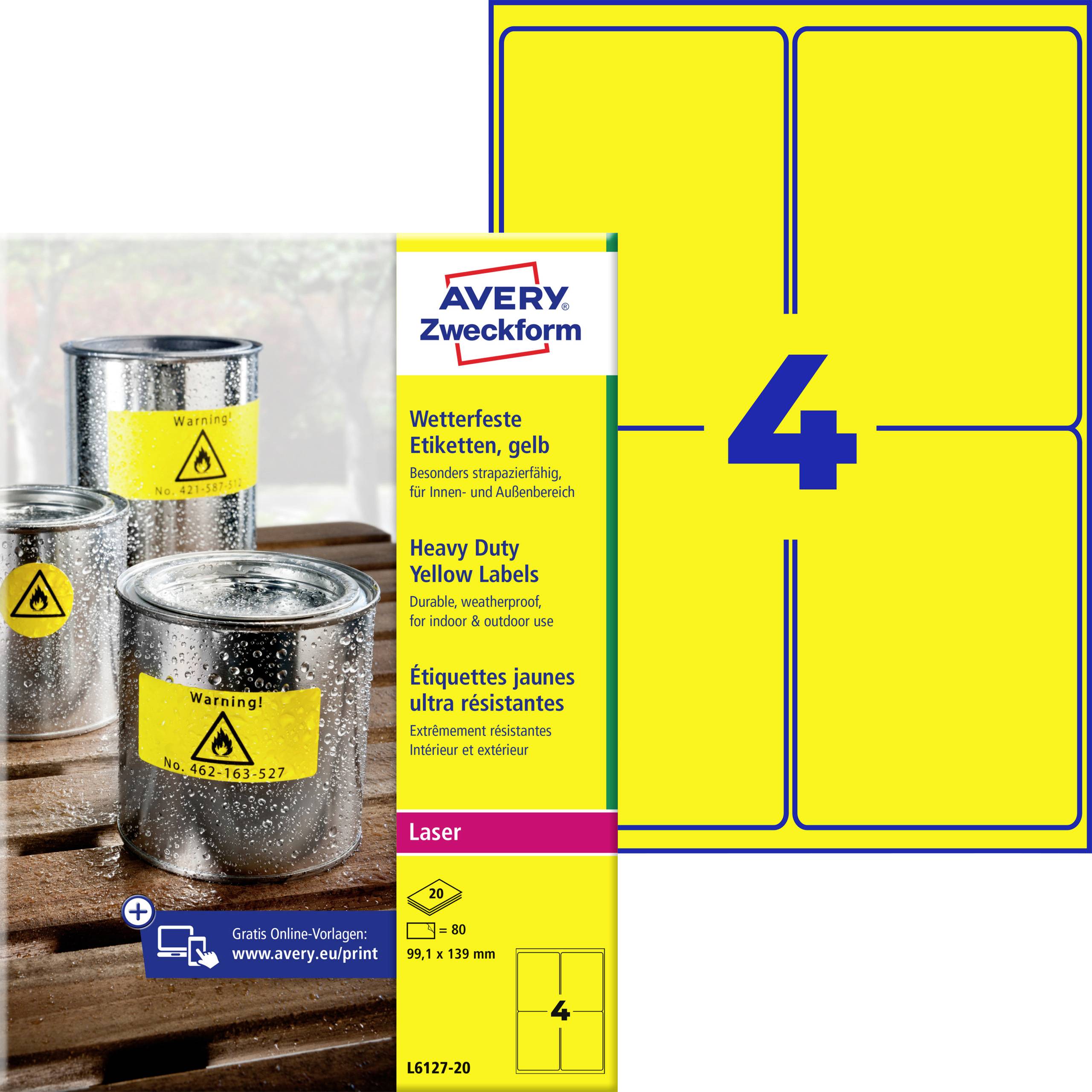 Avery Zweckform gelbe strapazierfähige Lasenetiketten, Größe 99,1 x 139 mm, 4er-Pack, abgebildet neben beschrifteten Metalldosen.