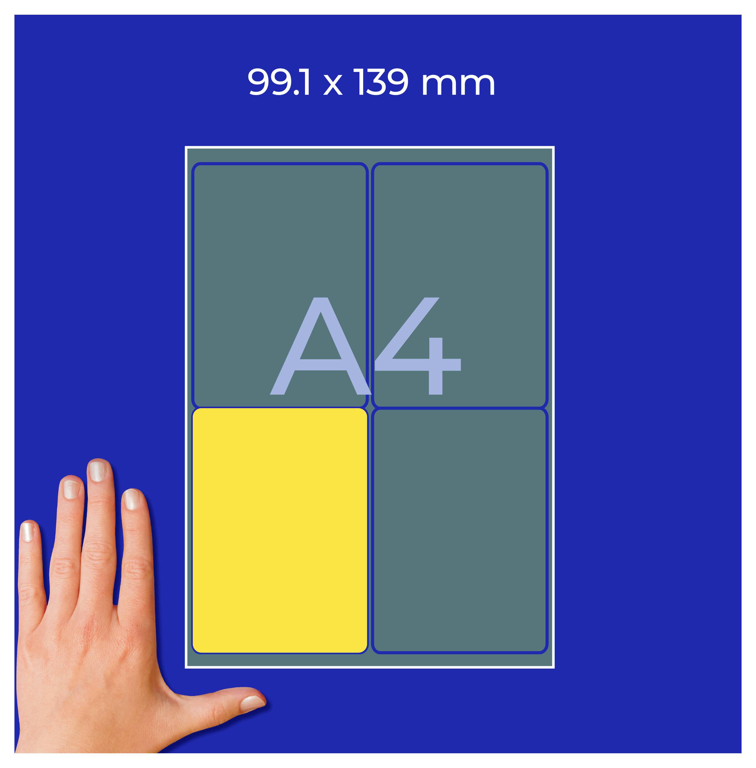 Grafik zum A4-Format: Ein Blatt mit der Beschriftung 'A4' und den Maßen 99,1 x 139 mm; eine Hand zeigt die Größe im Vergleich.