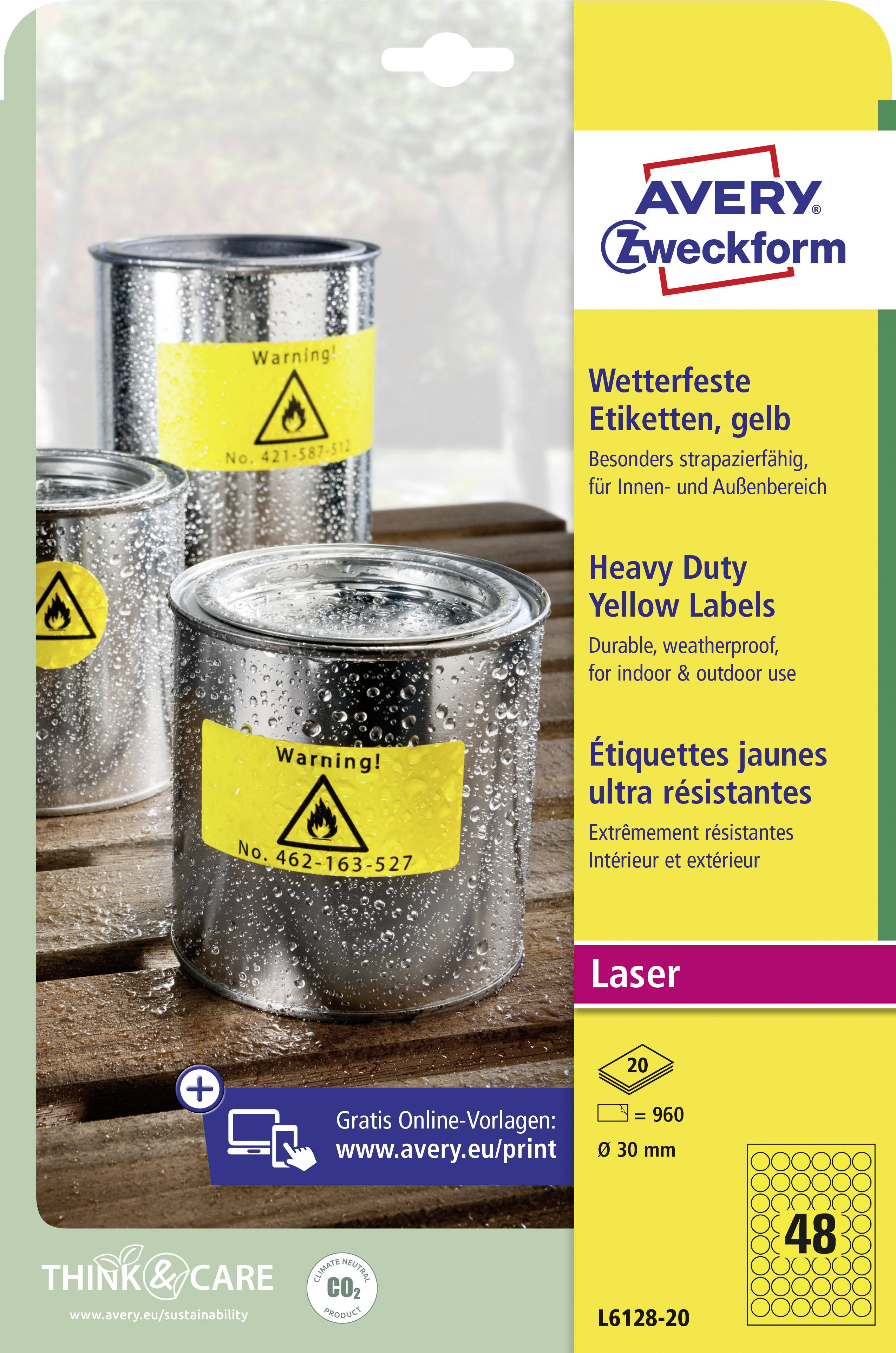 Avery-Zweckform L6128-20 Folien-Etiketten Ø 30mm Polyester-Folie Gelb 960 St. Permanent haftend Farblaserdrucker, Laserdrucker