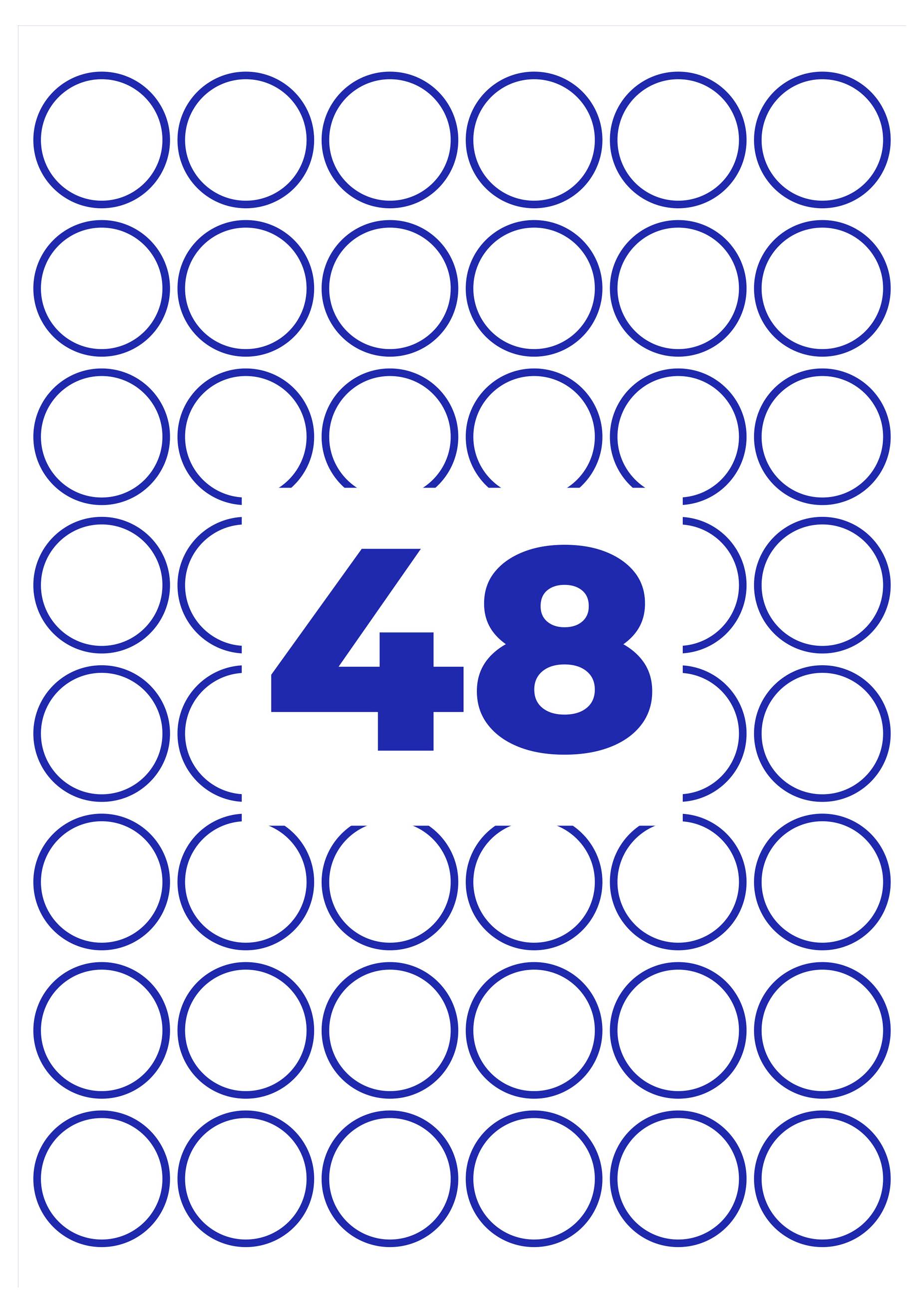 Große blaue Zahl '48' mittig, umgeben von einem Muster aus blauen Kreisen auf weißem Hintergrund.