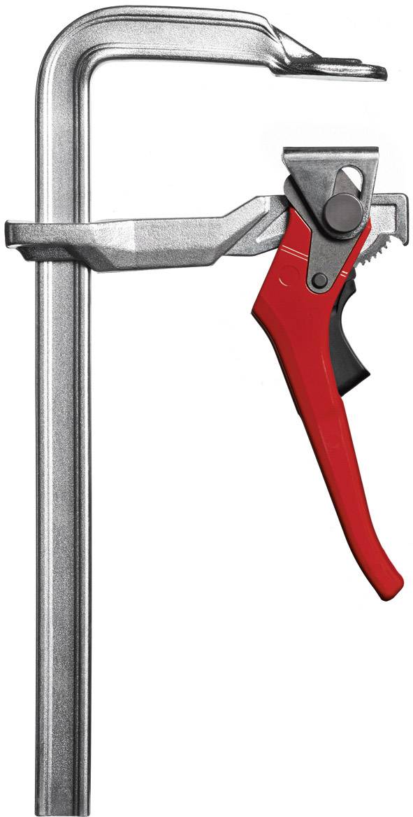 Eine silberne Zwinge mit einem roten Hebelgriff. Geeignet zum Festhalten oder Klemmen von Werkstücken in der Holzbearbeitung oder Metallbearbeitung.