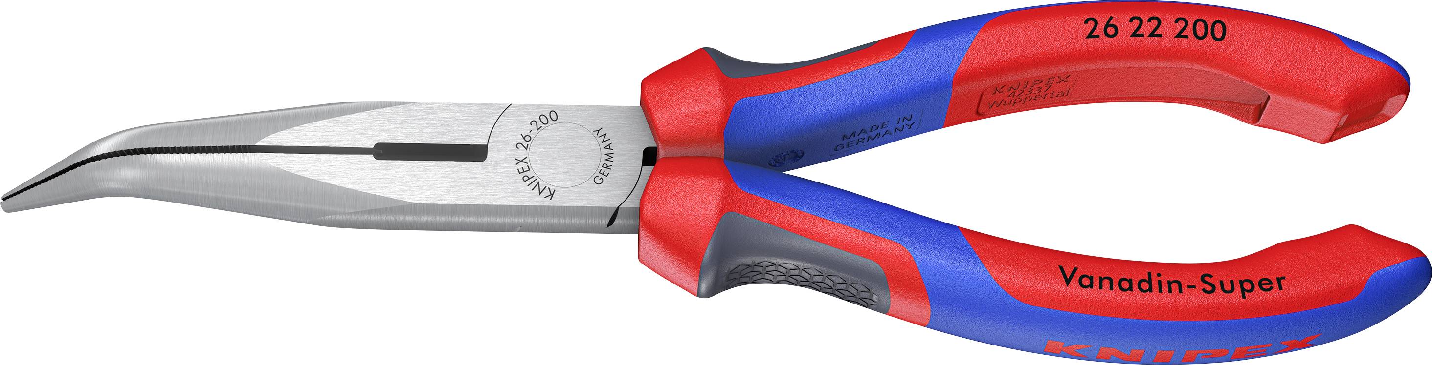 Eine rote und blaue gebogene Spitzzange mit der Aufschrift 'Vanadin-Super'. Ideal zum Greifen und Halten von kleinen Objekten.