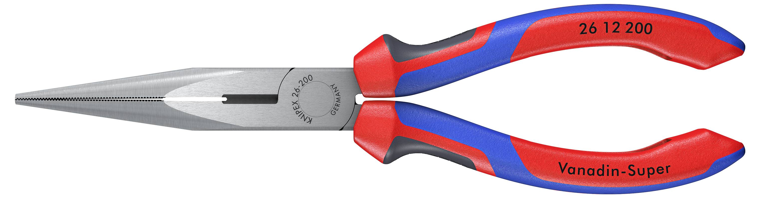 Eine blau-rote Spitzzange mit langer Spitze und isolierten Griffen, markiert mit 'Vanadin-Super'. Geeignet für präzise Arbeiten.