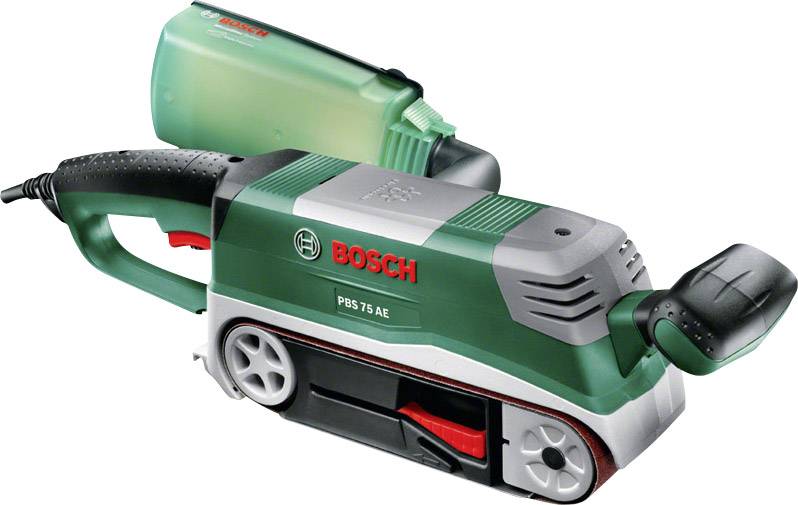 Ein grüner Bosch Bandschleifer PBS 75 AE mit Staubfangbox und ergonomischem Griff, geeignet für Holzbearbeitung und DIY-Projekte.