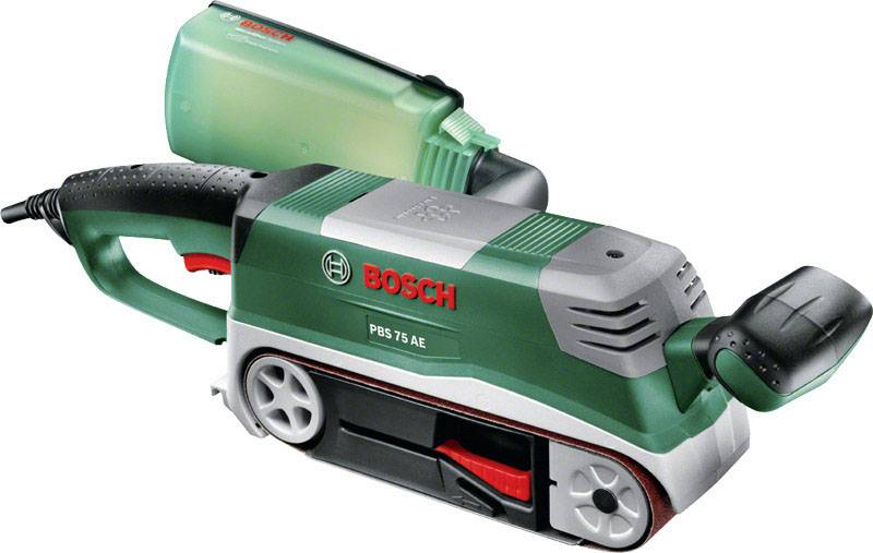 Bosch Bandschleifer mit grünem Gehäuse und Staubfangsystem, geeignet für das Schleifen großer Flächen.