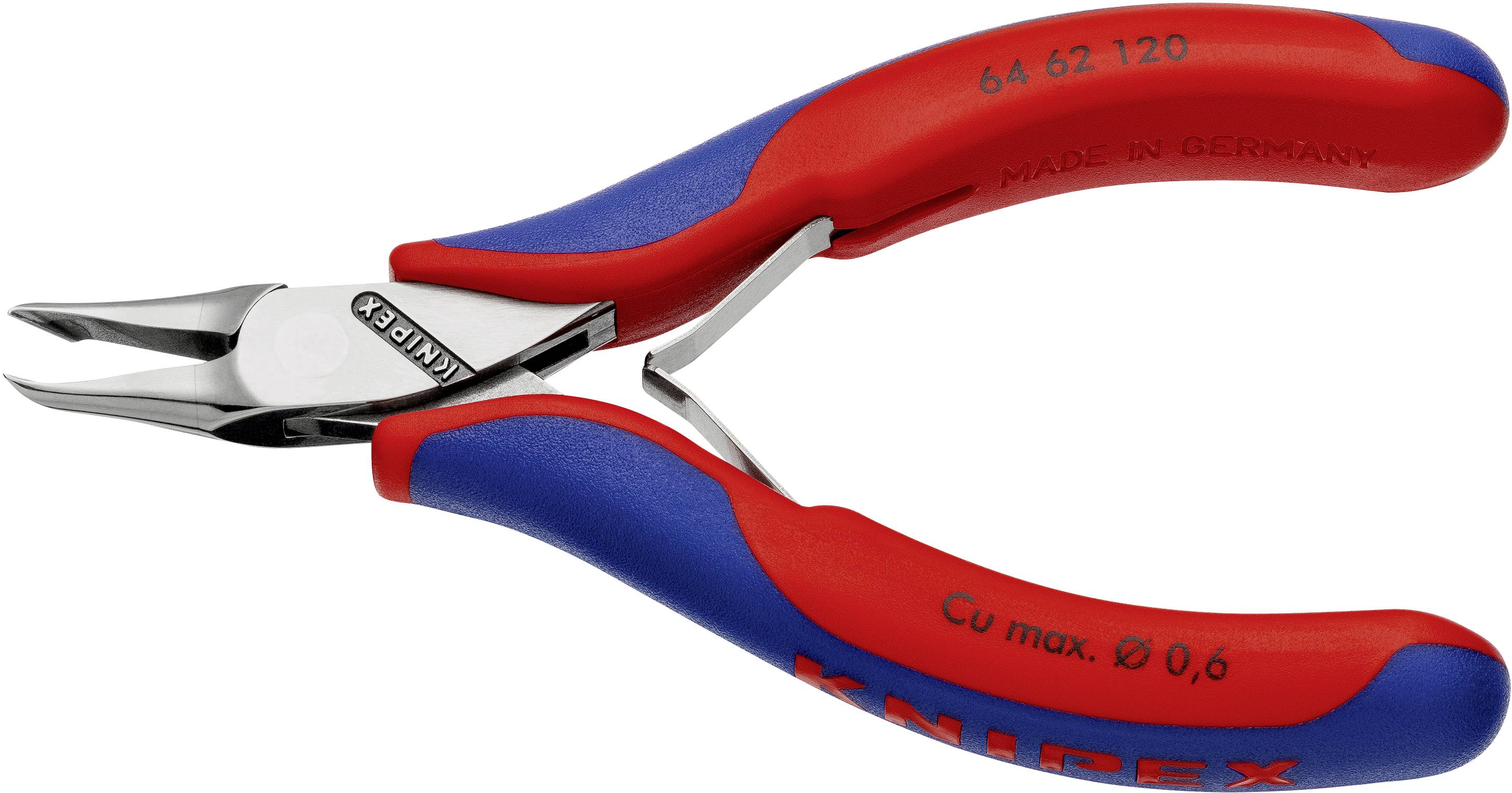 Abgewinkelte Präzisionszange von Knipex, rot-blau mit scharfen, schmalen Schneidflächen, geeignet für feine Drahtarbeiten.