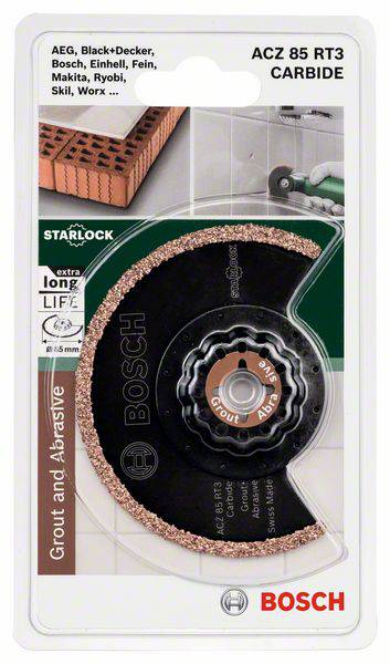 'Bosch ACZ 85 RT3' Starlock-Kreissegment-Sägeblatt für Fliesenfugen und abrasive Materialien in Blisterverpackung.
