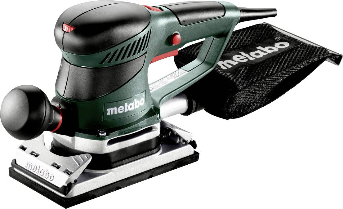 Metabo kabellose Elektroschleiflatte mit Staubsack und Griff, dargestellt auf weißem Hintergrund.