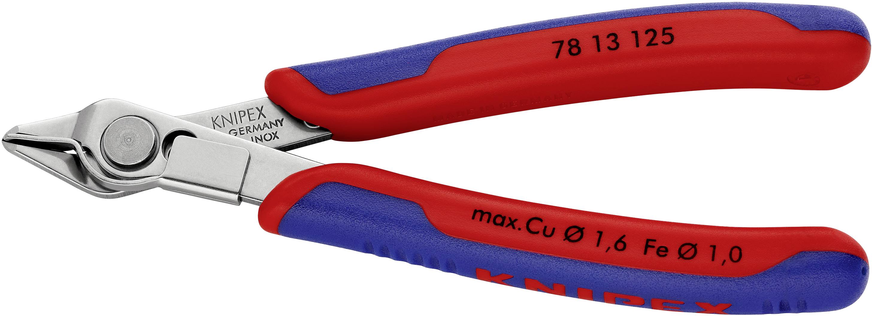 Rote und blaue Seitenschneider-Markenzange mit der Aufschrift 'KNIPEX Germany'. Geeignet für max. Cu Ø 1,6 Fe Ø 1,0.