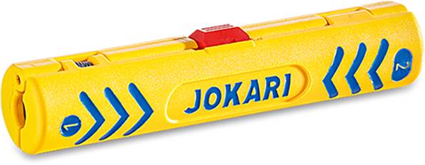 Abisolierwerkzeug 'Jokari' in Gelb mit blauen Pfeilen und rotem Einstellschieber oben.