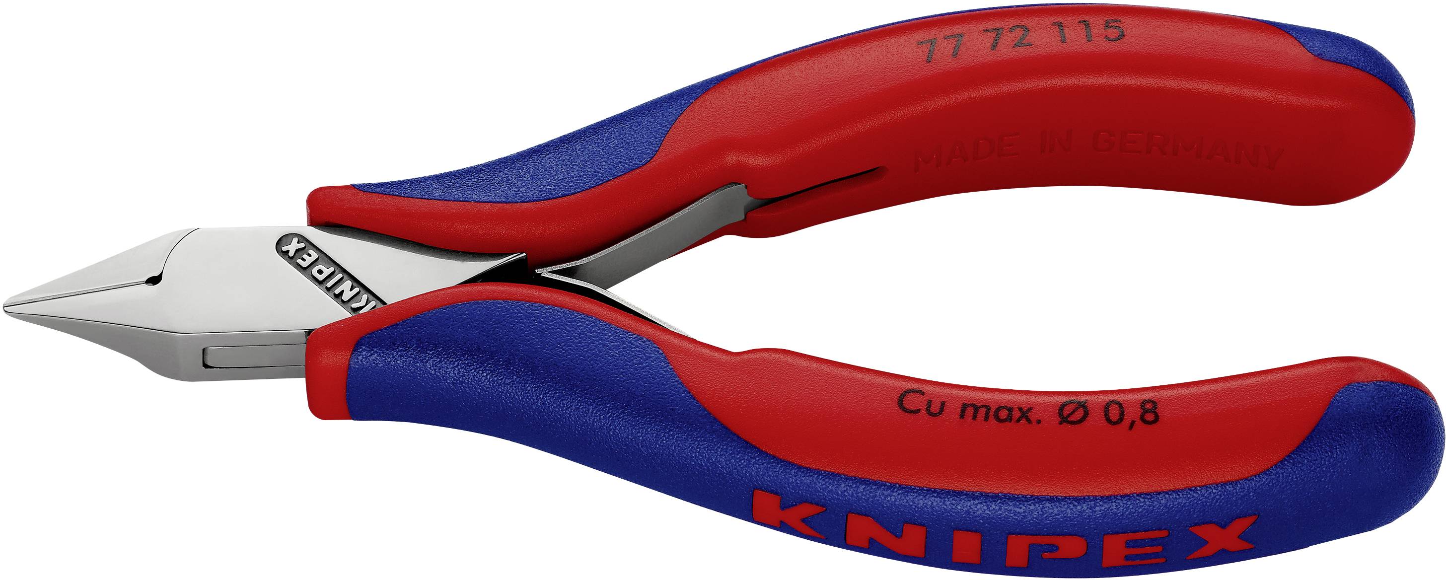 Eine rote und blaue Zange mit der Aufschrift 'Knipex'. Sie wird für das Schneiden von Drähten verwendet.
