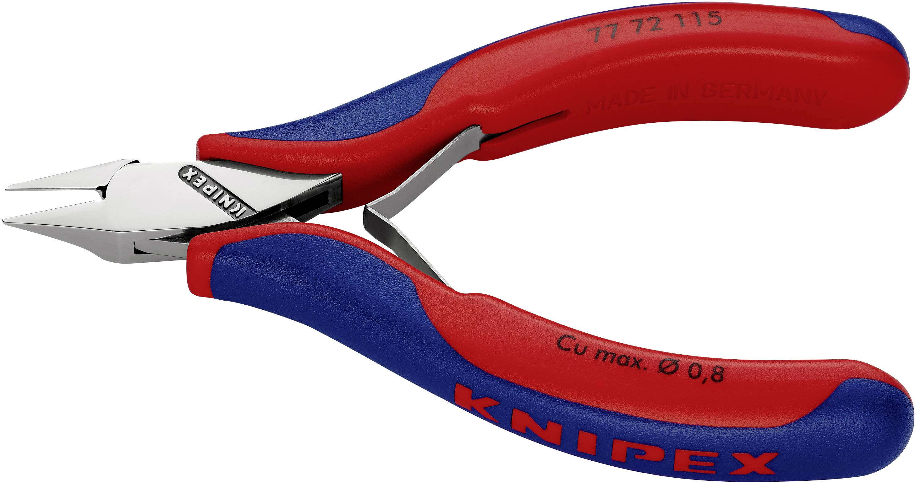 Rote und blaue Seitenschneiderzange der Marke Knipex, geeignet für exakte Schneidarbeiten an Kabeln und Drähten bis 0,8 mm.