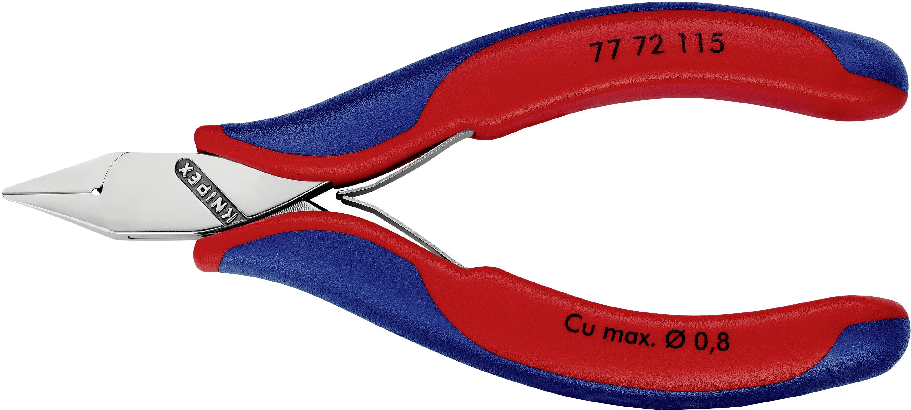 Eine rote und blaue Seitenschneiderzange mit der Aufschrift 'Cu max. Ø 0,8'. Geeignet zum Schneiden von Kupferdrähten.