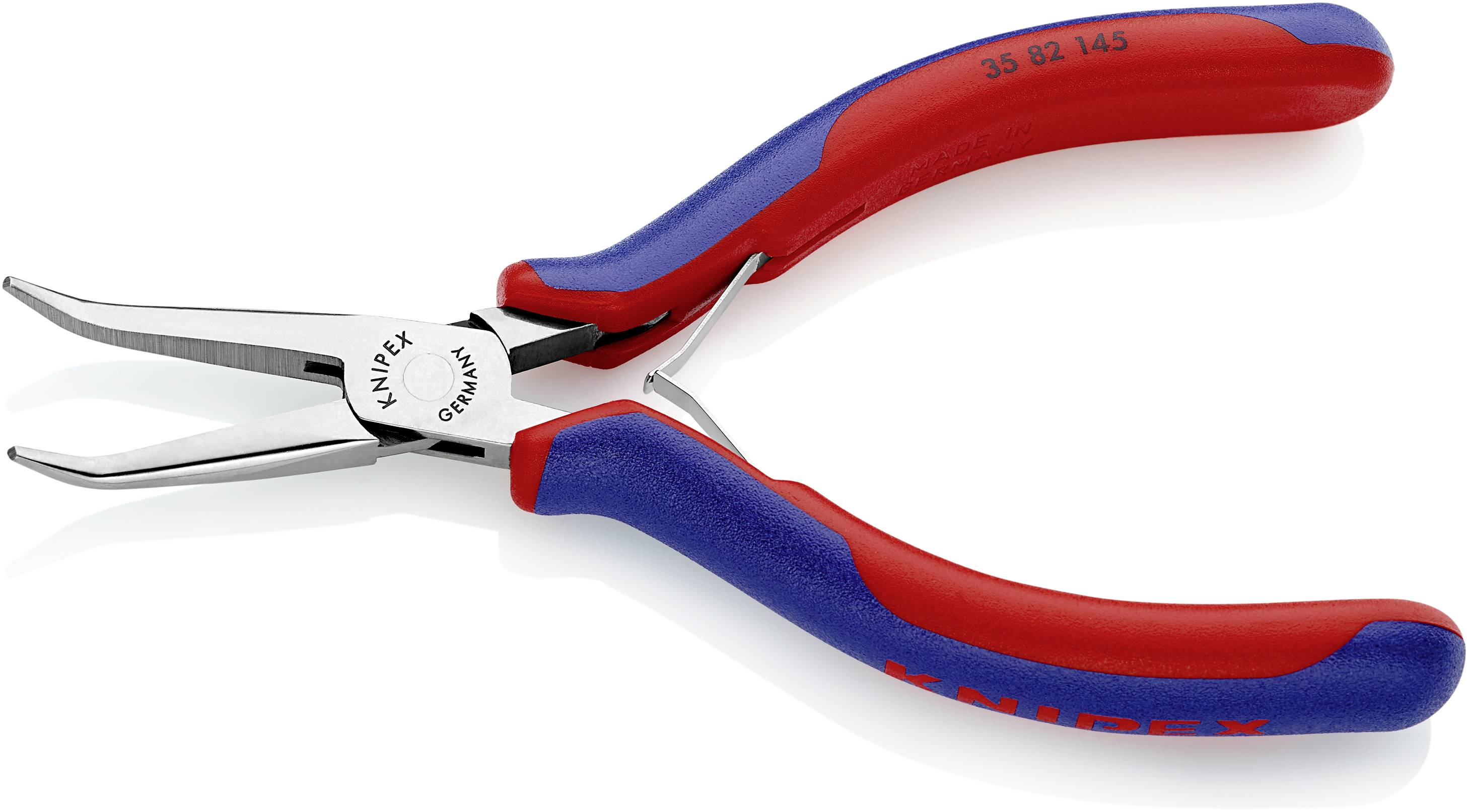 Eine rote und blaue Zange mit abgewinkelten Spitzen, geeignet für präzise Arbeiten wie das Greifen kleiner Teile.