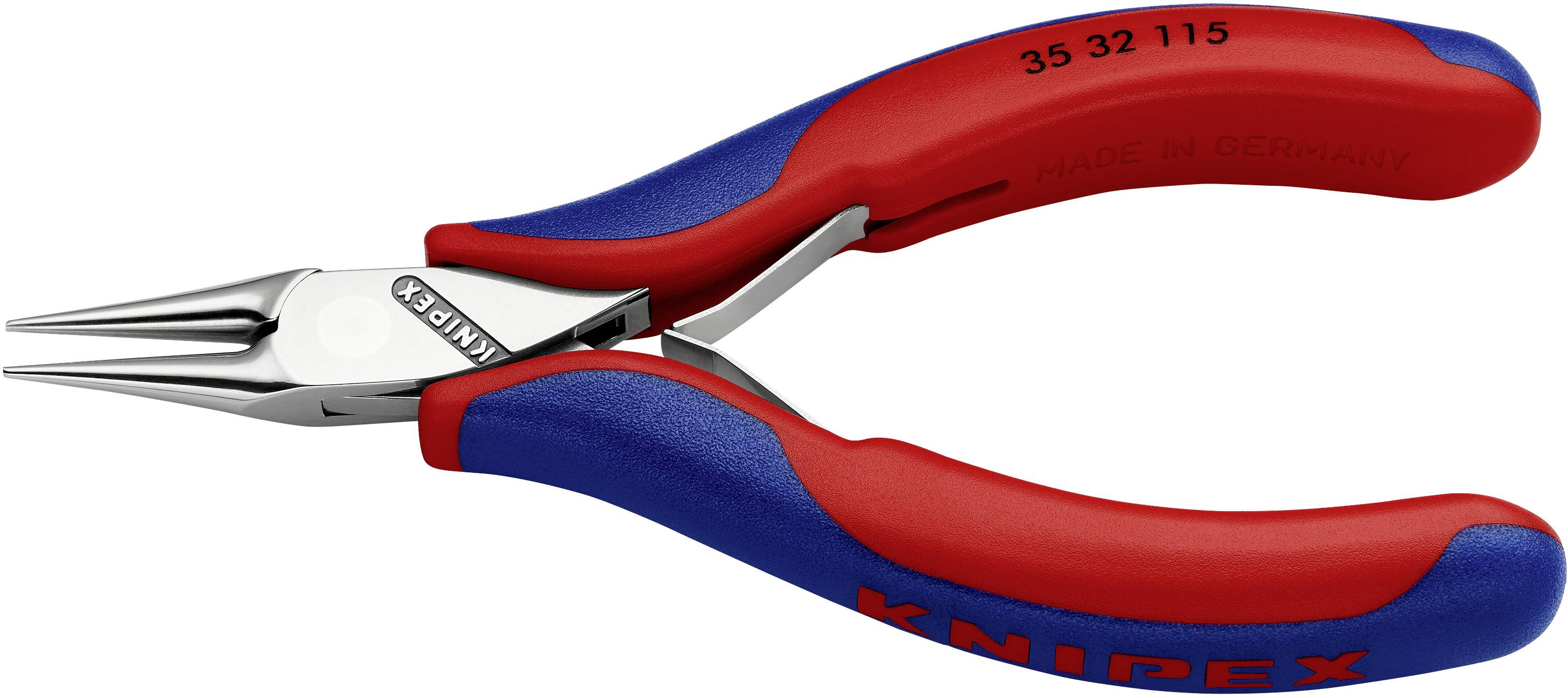 Eine rote und blaue Rundzange der Marke Knipex mit der Modellnummer 35 32 115, geeignet für präzise Arbeiten.