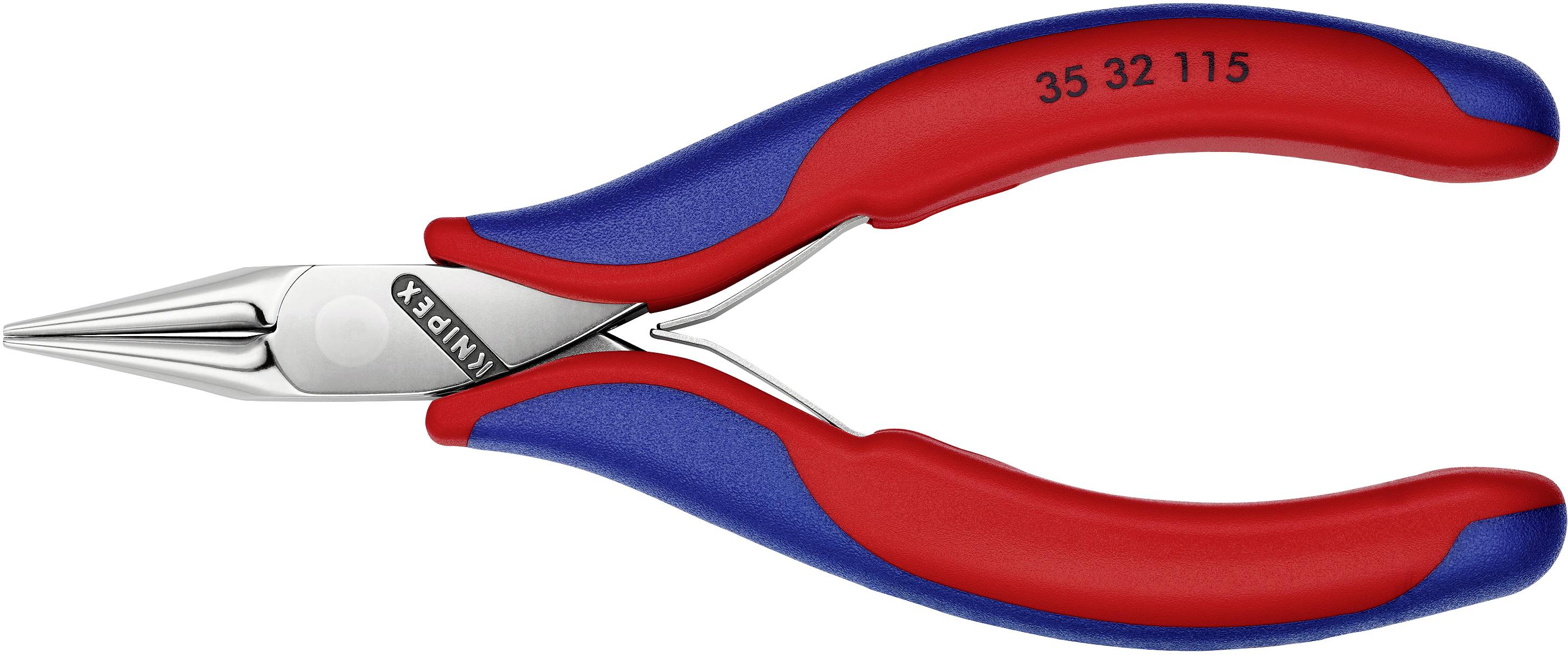Eine rote und blaue Zange mit spitz zulaufenden Backen, geeignet für präzise Arbeiten wie das Biegen oder Schneiden von Drähten.