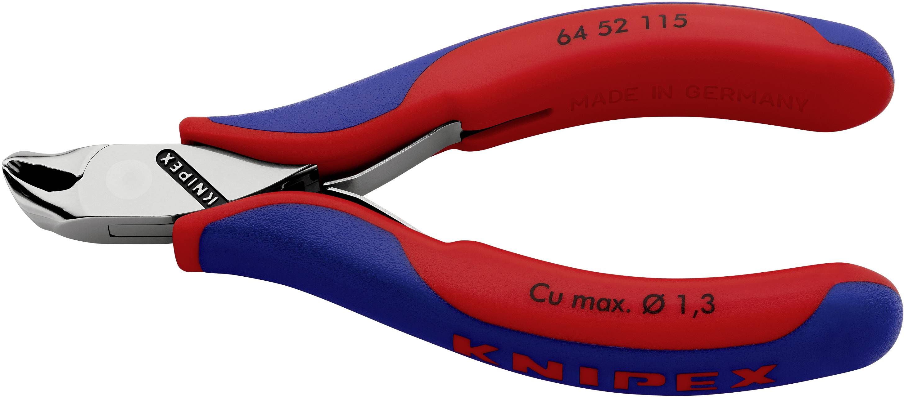 Seitenschneider mit blau-rotem Griff von Knipex, geeignet für Kupferdraht bis 1,3 mm Durchmesser.