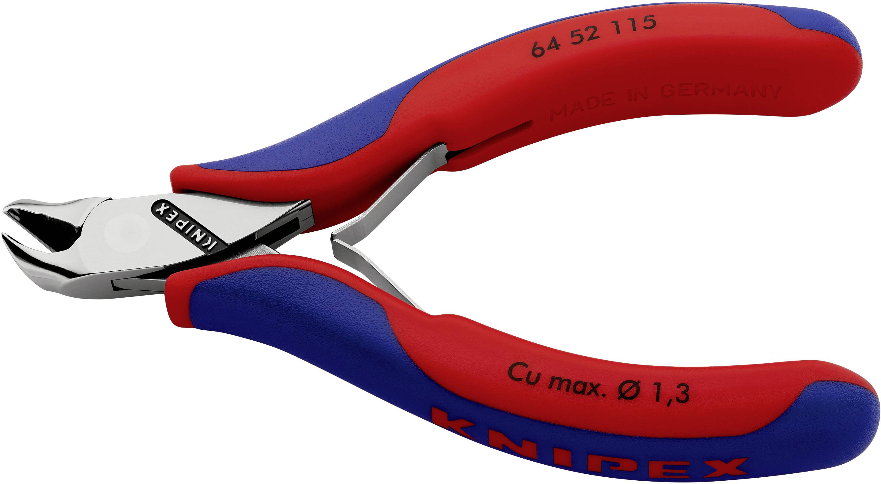 Rote und blaue Knipex-Seitenschneiderzange, geeignet für den Schnitt von Kupferdrähten bis zu einem Durchmesser von 1,3 mm.
