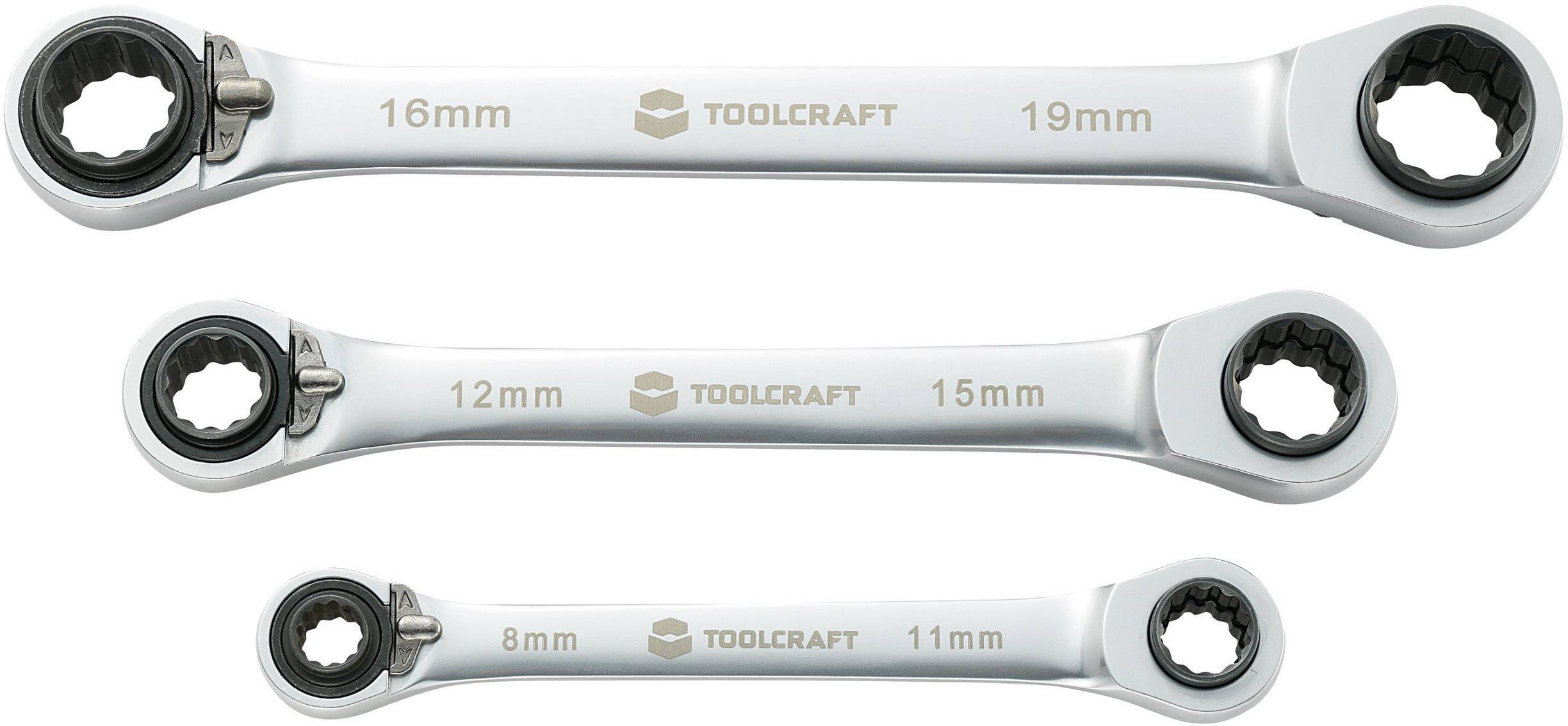 Ein Satz aus drei silbernen Ratschenringschlüsseln von 'Toolcraft', mit Größen: 16-19 mm, 12-15 mm und 8-11 mm.