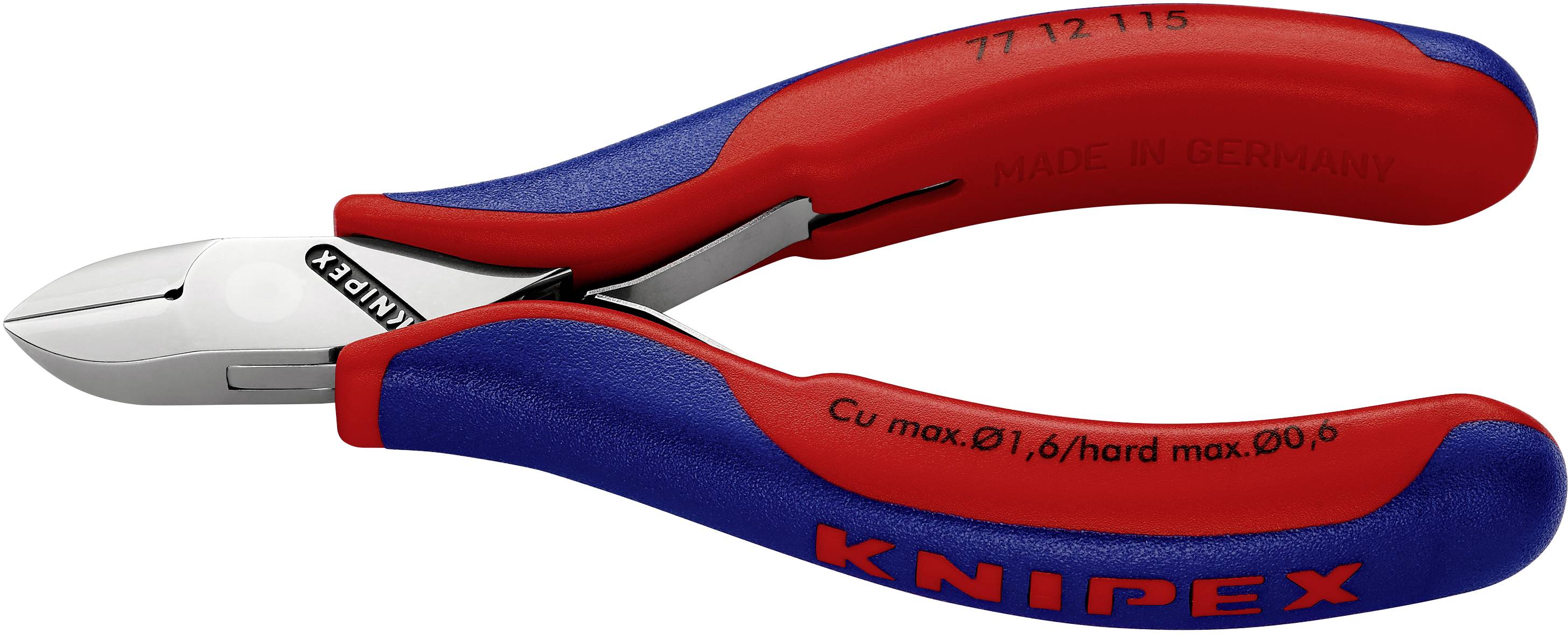 Rote und blaue Knipex-Seitenschneider aus Metall für maximale Drahtstärke von 1,6 mm. Aufschrift 'Made in Germany'.