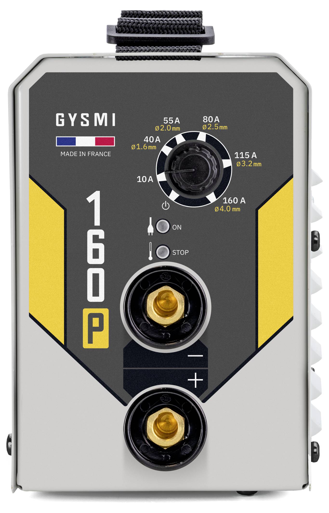 Frontansicht einer GYSMI 160P-Schweißmaschine mit Regeldrehschalter, Ein-/Aus-Schalter und zwei Kabelanschlüssen.