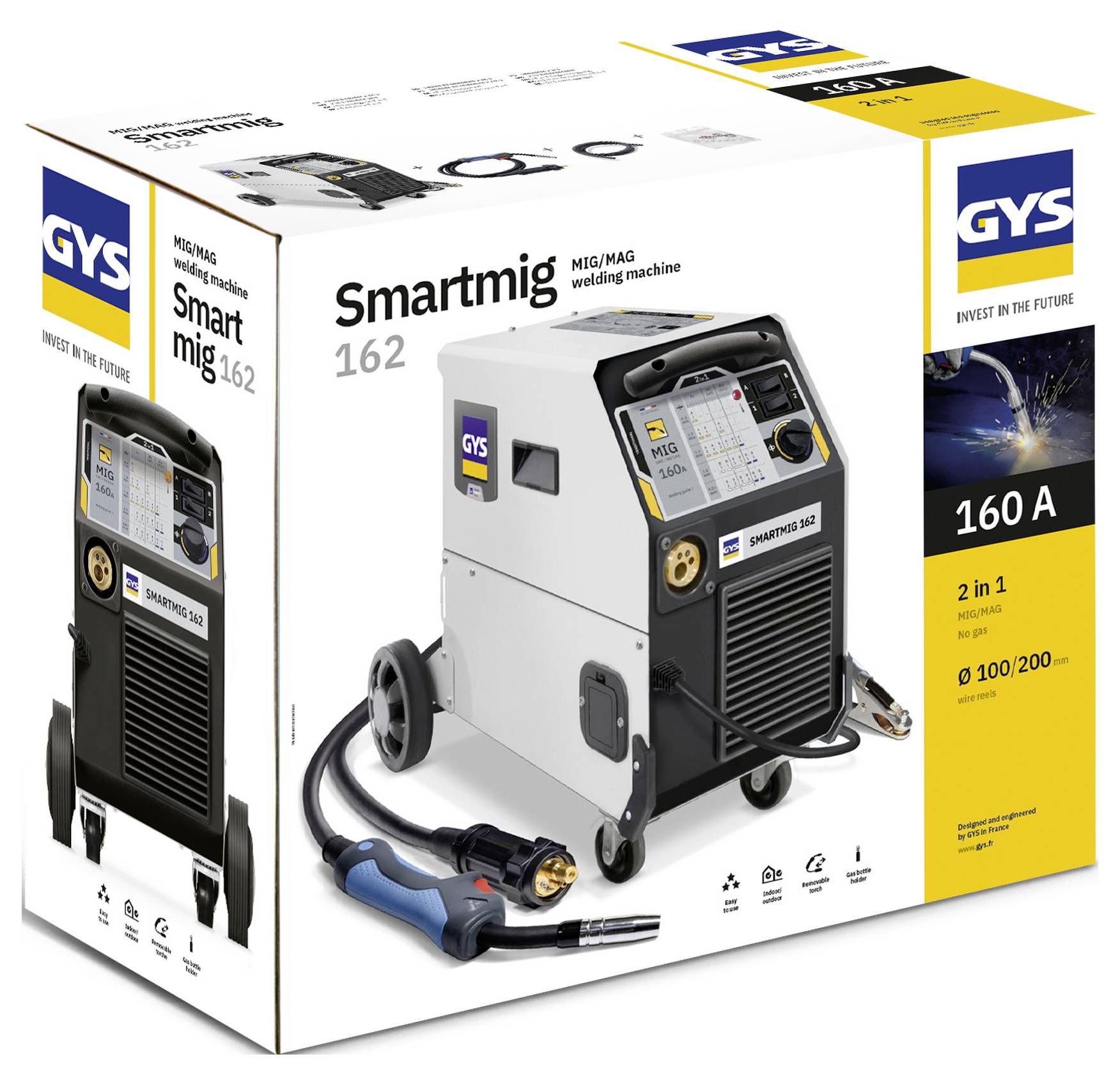 # Produktverpackung für GYS Smartmig 162 MIG/MAG Schweißanlage mit der Schweißeinheit, dem Brenner und der Kennzeichnung mit „160 A