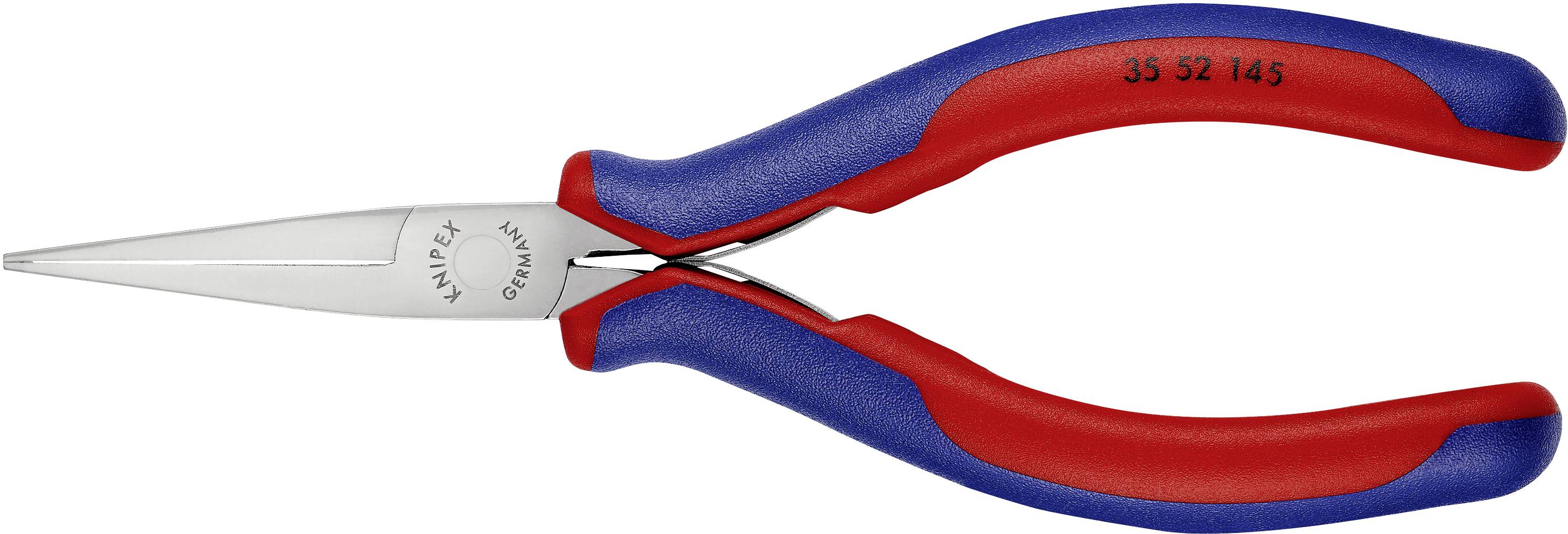 Eine rote und blaue Flachzange mit langem, schmalem Kopf, geeignet für präzise Arbeiten wie das Greifen kleiner Objekte.