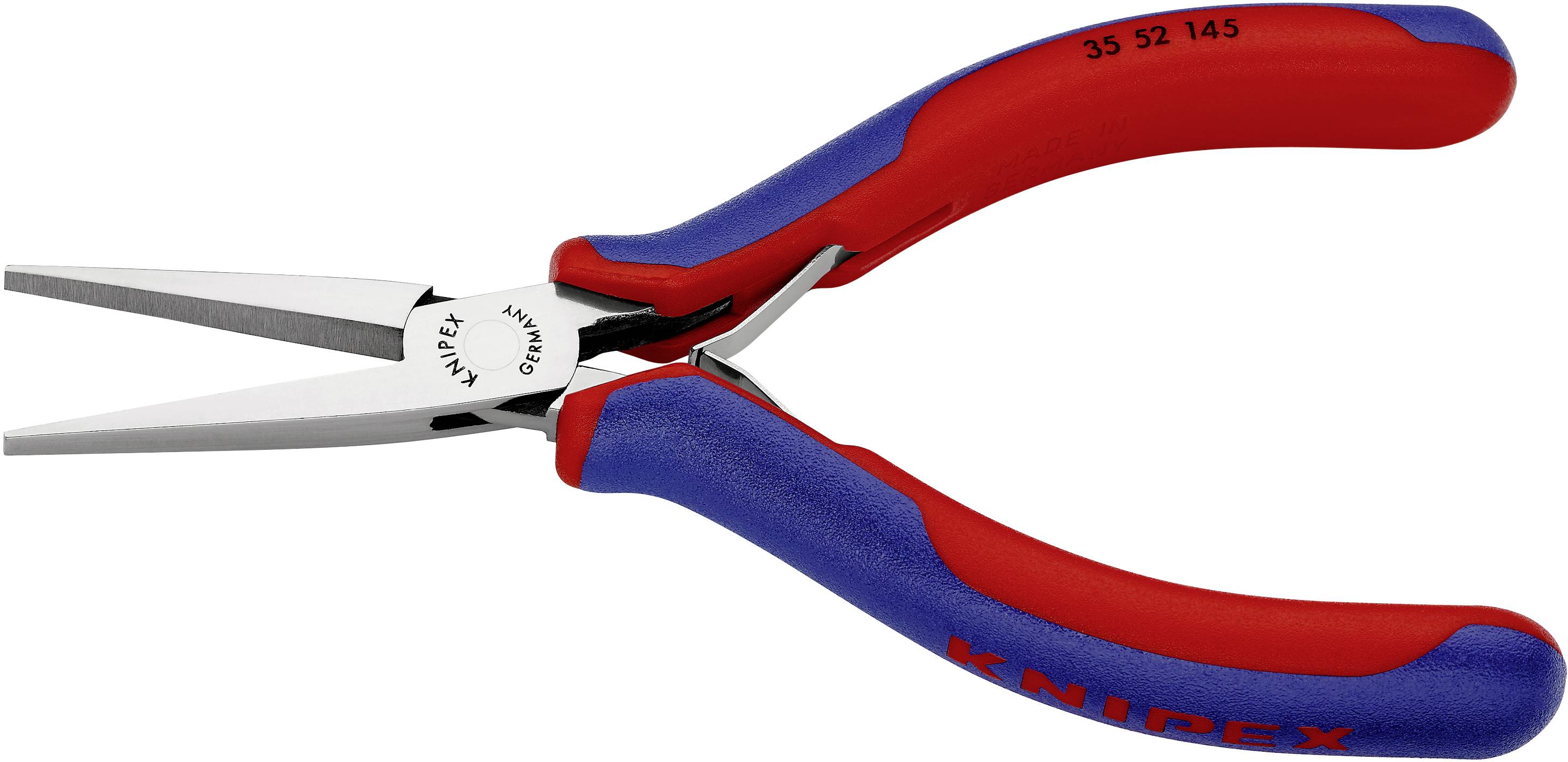 Eine rote und blaue Spitzzange mit Präzisionsspitzen, geeignet für feine Arbeiten und Elektronikreparaturen.