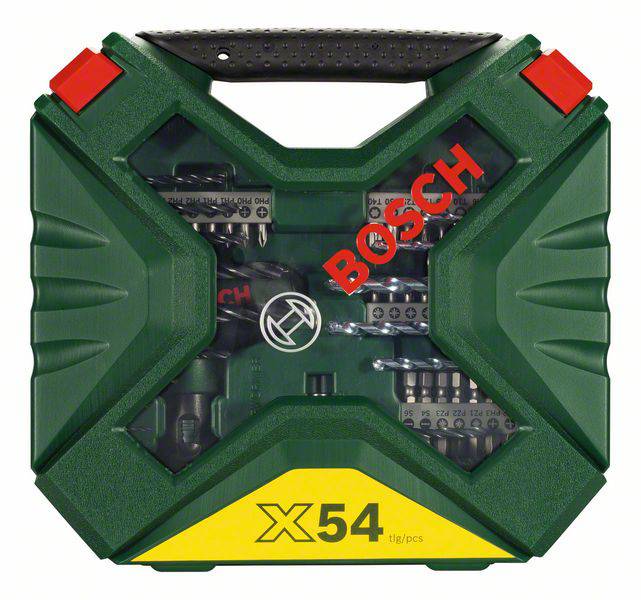 'Bosch X54' Werkzeug-Set in grünem, robustem Koffer mit Griff und gelbem '54 tlg/pcs' Hinweis. Enthält Schraubendreherbits und Zubehör.