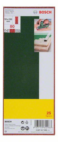 'Bosch' Schleifpapier, Körnung 80, 93 x 230 mm, Packung mit 25 Stück, geeignet für Holzoberflächen. Bild von Schleifpapieranwendung oben rechts.