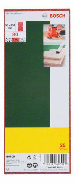 Verpackung für Schleifpapier von Bosch, 93x230 mm, Körnung 80, geeignet für Holzarbeiten. Enthält 25 Blätter.