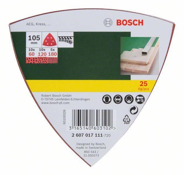Bosch Accessories 2607017111 Deltaschleifpapier-Set mit Klett, gelocht Körnung (num) 60, 80, 180 Eckmaß 105mm 1 Set